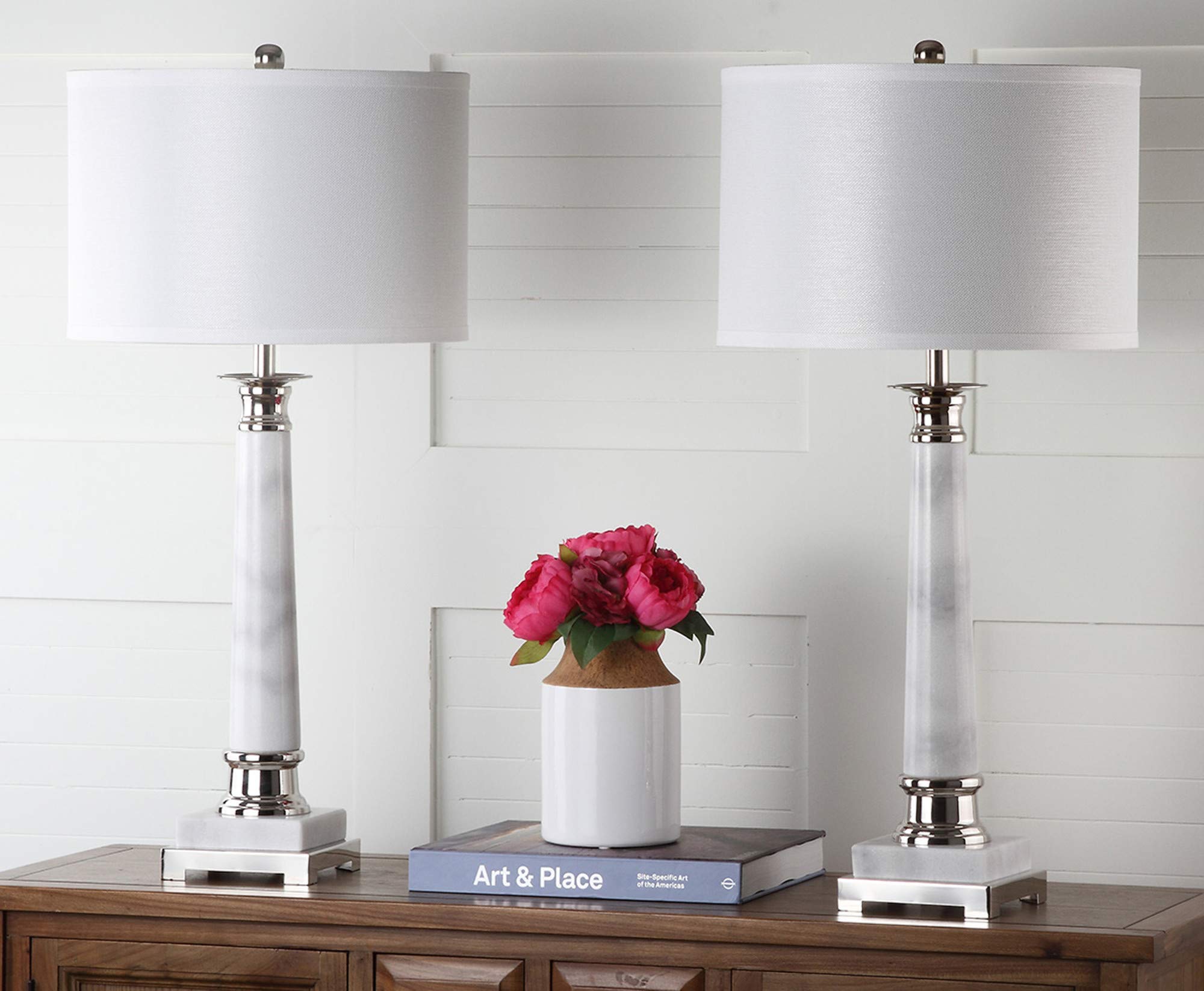 SAFAVIEH Lighting Colleen Modern White Marble 31-inch Table Lamp Set of 2 with LED Bulbs - Perfect for Bedroom, Living Room & Home Office Nightstand Lighting
