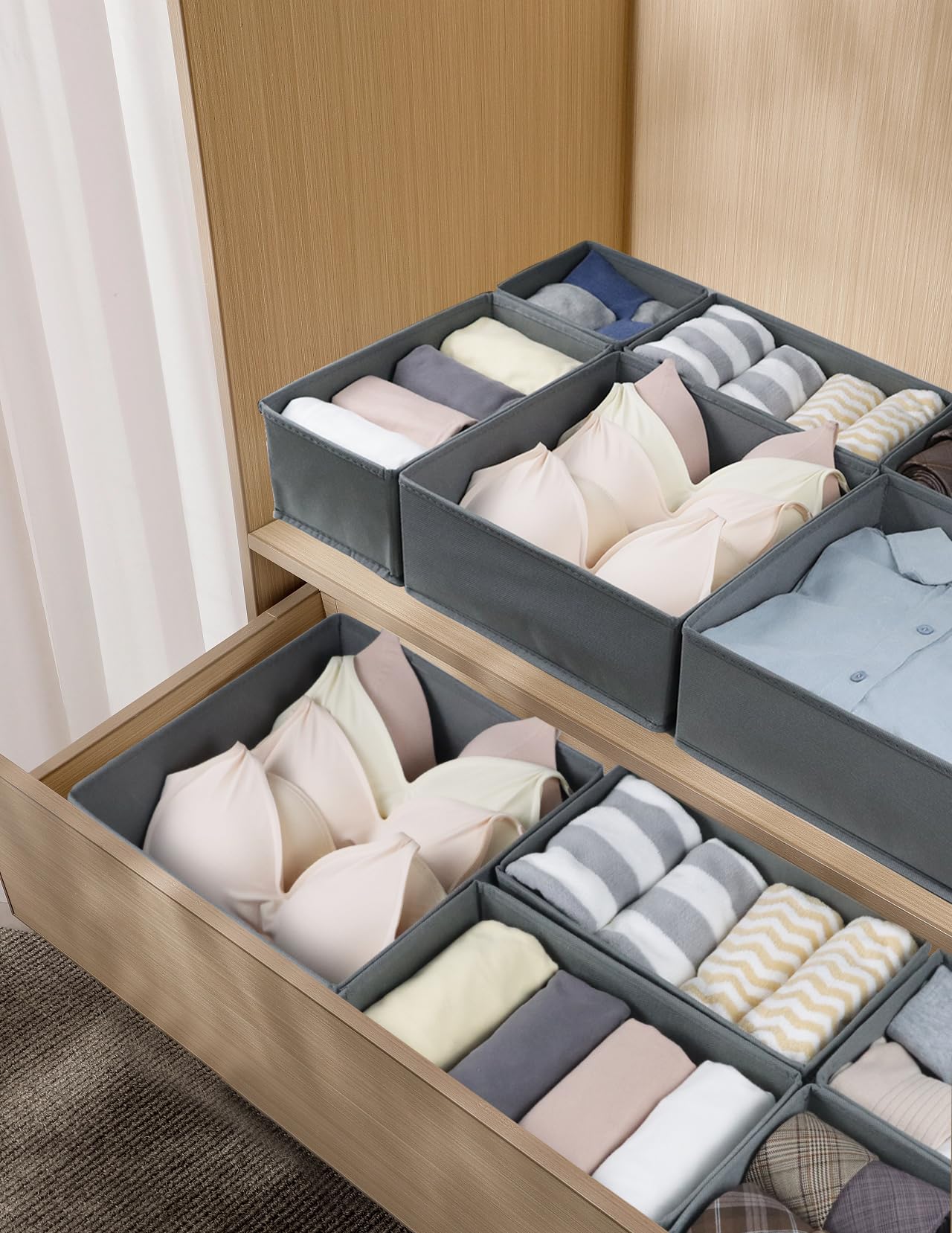 16-Piece Fabric Drawer Organizer Set - Foldable Storage Baskets & Cabinet Dividers for Clothes, Socks, Ties, Underwear | Space-Saving Closet & Dresser Organization Solution (Gray)