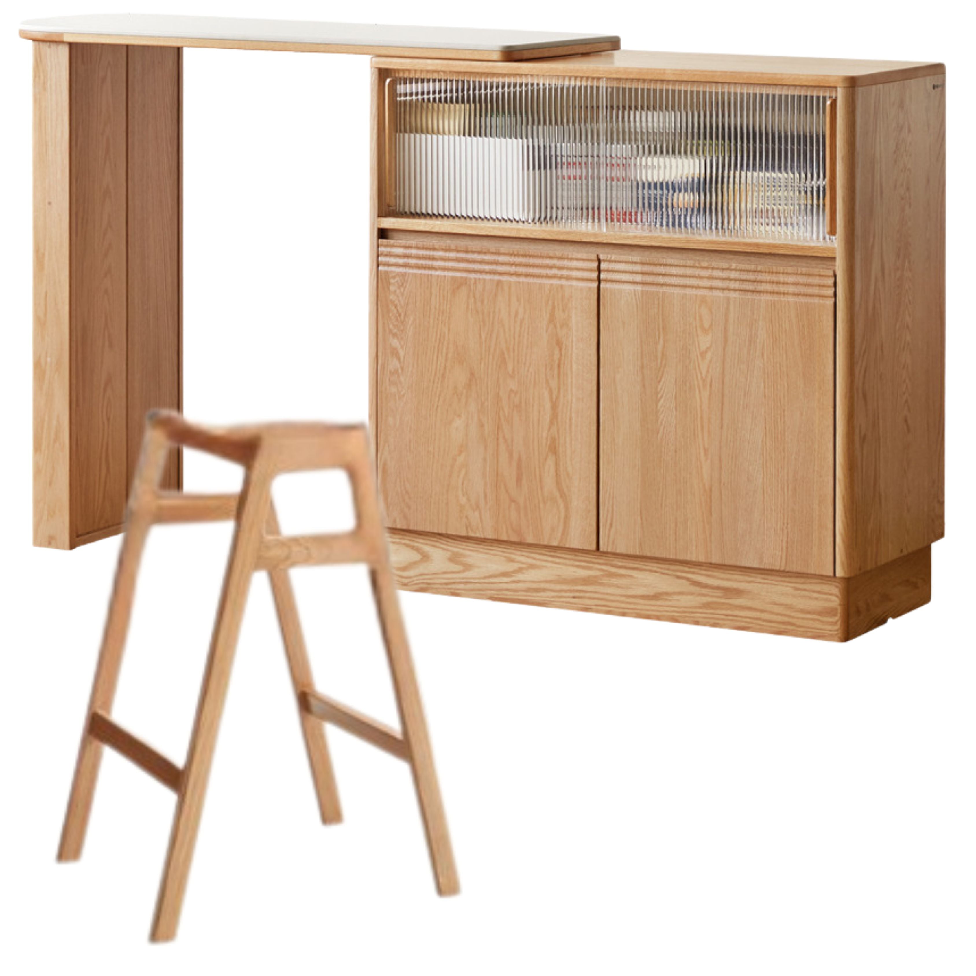 39.4x17.7x39.4 inch / 100x45x100сm / + 47.2x17.7x40.9 inch / 120x45x104.2сm / Natural Wood Color/ partition cabinet + table + stackable bar chair * 2