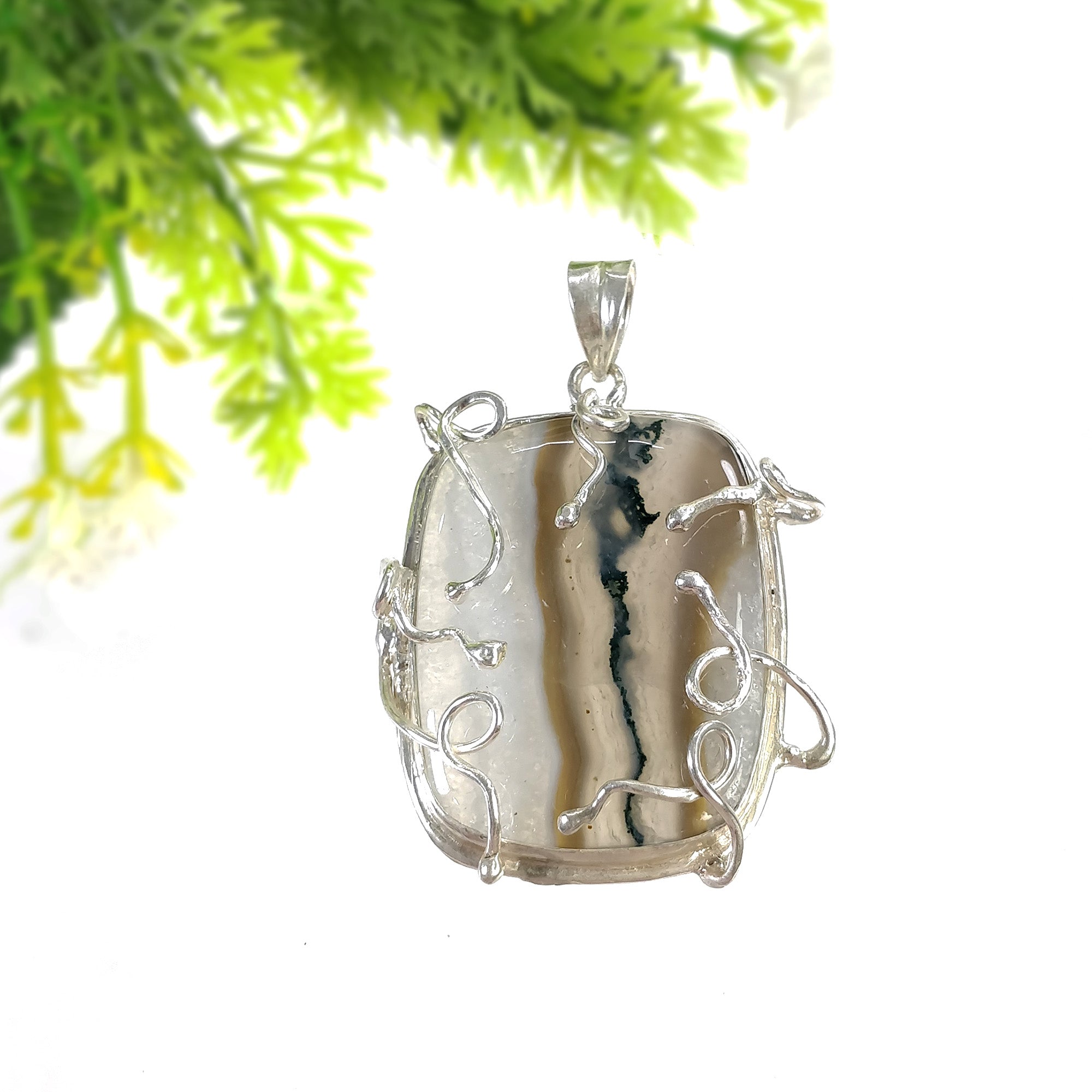 Natural Botswana Agate Pendant - 26.84g Untreated Agate Cabochon in 925 Sterling Silver Bezel Setting (2.25 Inch) | Handmade Gemstone Jewelry for Women, Healing Crystal Necklace for Meditation & Spiritual Gifts