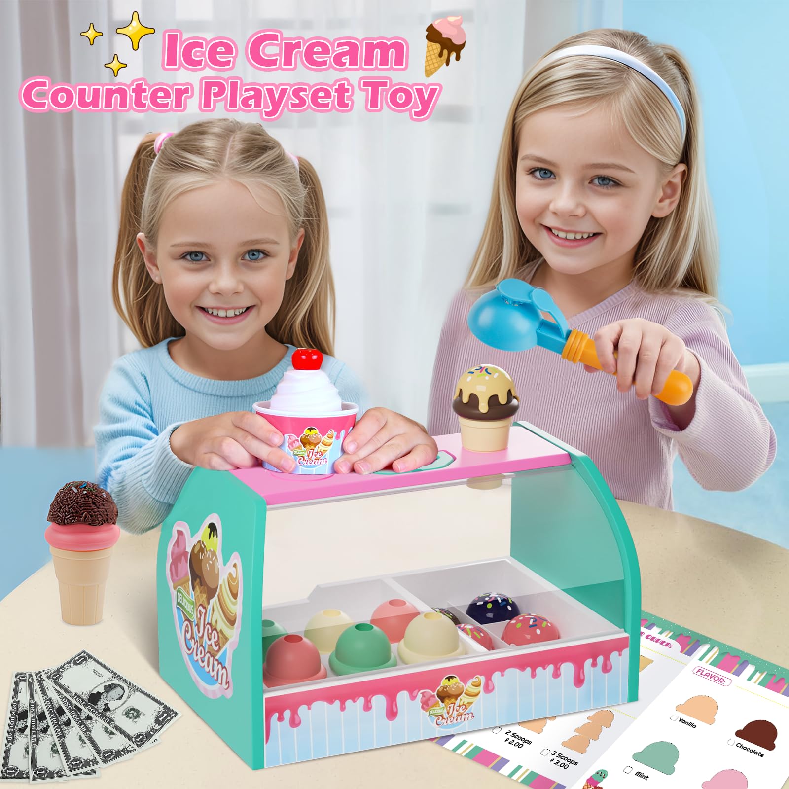 Kids Ice Cream Counter Playset - Pretend Play Ice Cream Shop Toys with Scoop & Serve Play Food - Fun Educational Toy for Toddler Girls & Boys Ages 3+ - Perfect for Birthday Gifts & Role Play Activities
