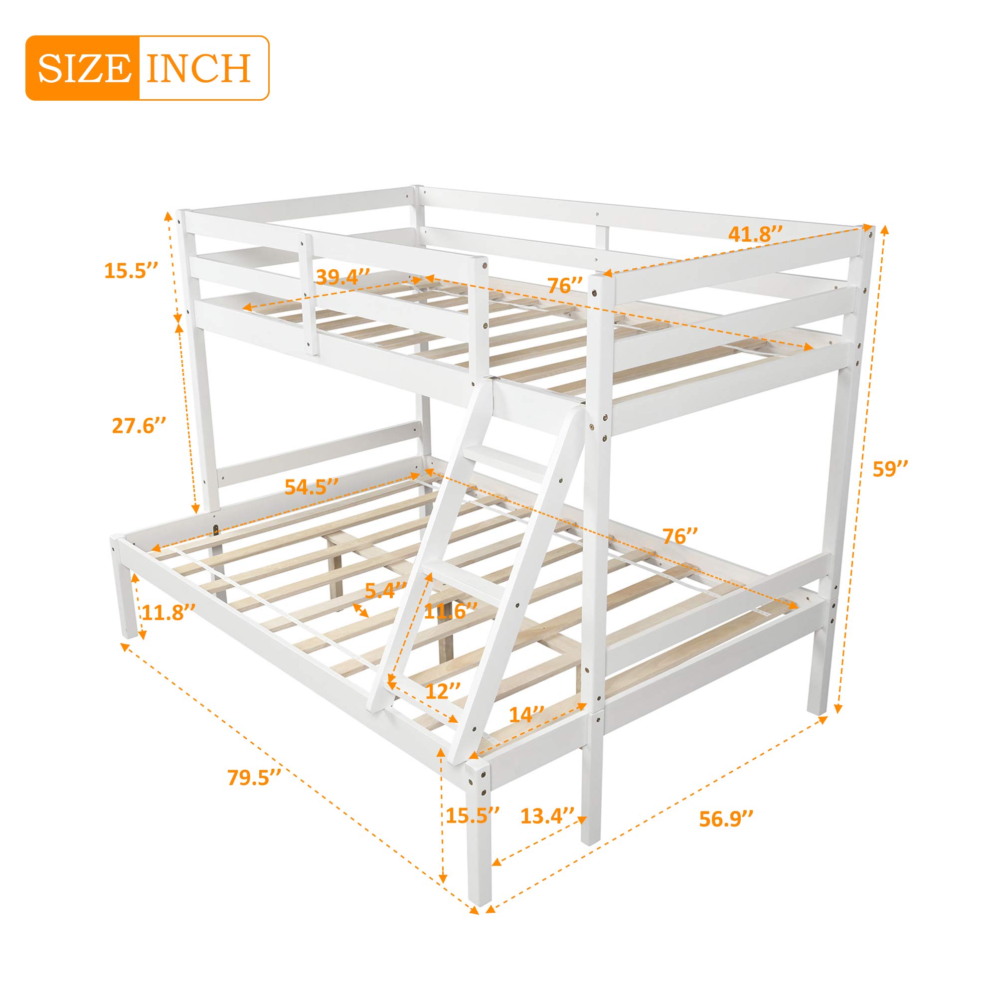 Solid Wood Twin Over Full Bunk Bed with Guardrail & Ladder - Convertible to Twin Loft Bed or Full Size Bed - Wood Slat Support - No Box Spring Needed (White) - Perfect for Kids' Rooms, Guest Rooms & Space-Saving Bedroom Solutions