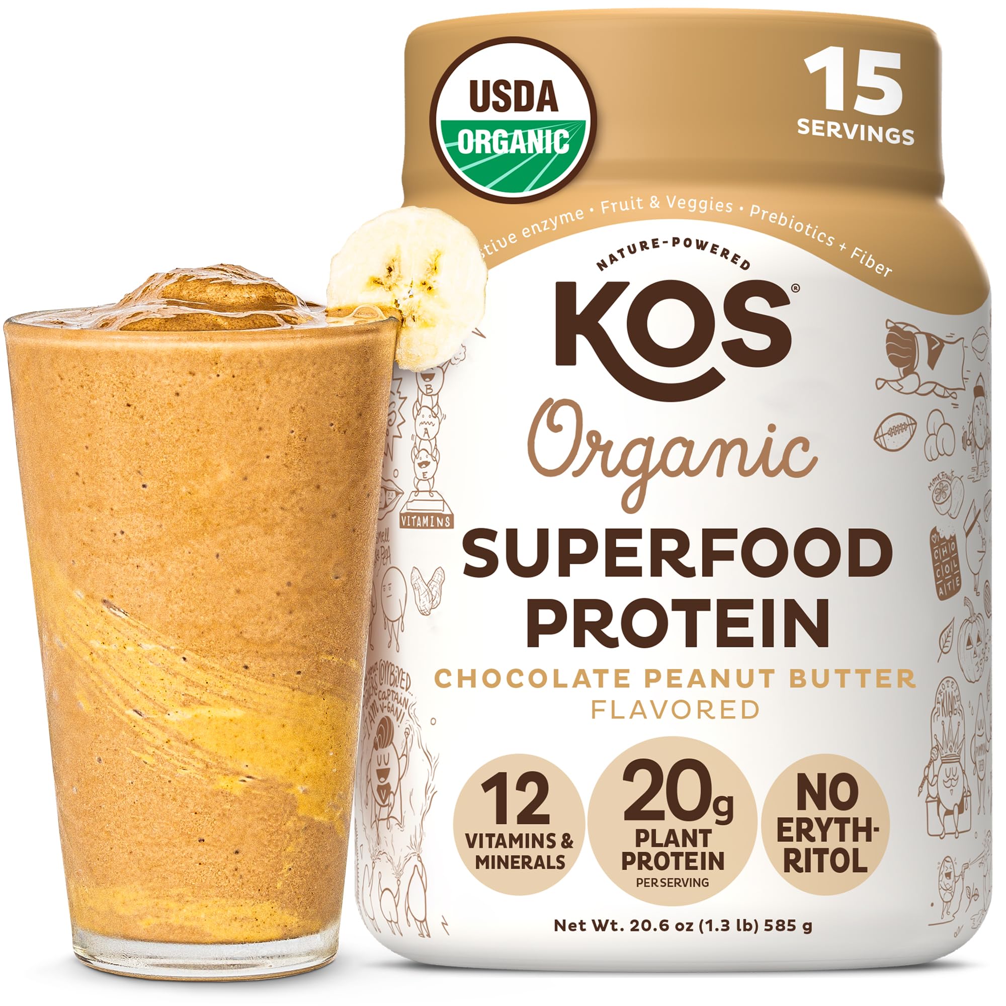 KOS Organic Vegan Protein Powder - Chocolate Peanut Butter Flavor | Plant-Based, Keto Friendly, Gluten Free, Dairy Free & Soy Free Protein Supplement (15 Servings) - Perfect for Post-Workout Recovery & Healthy Smoothies
