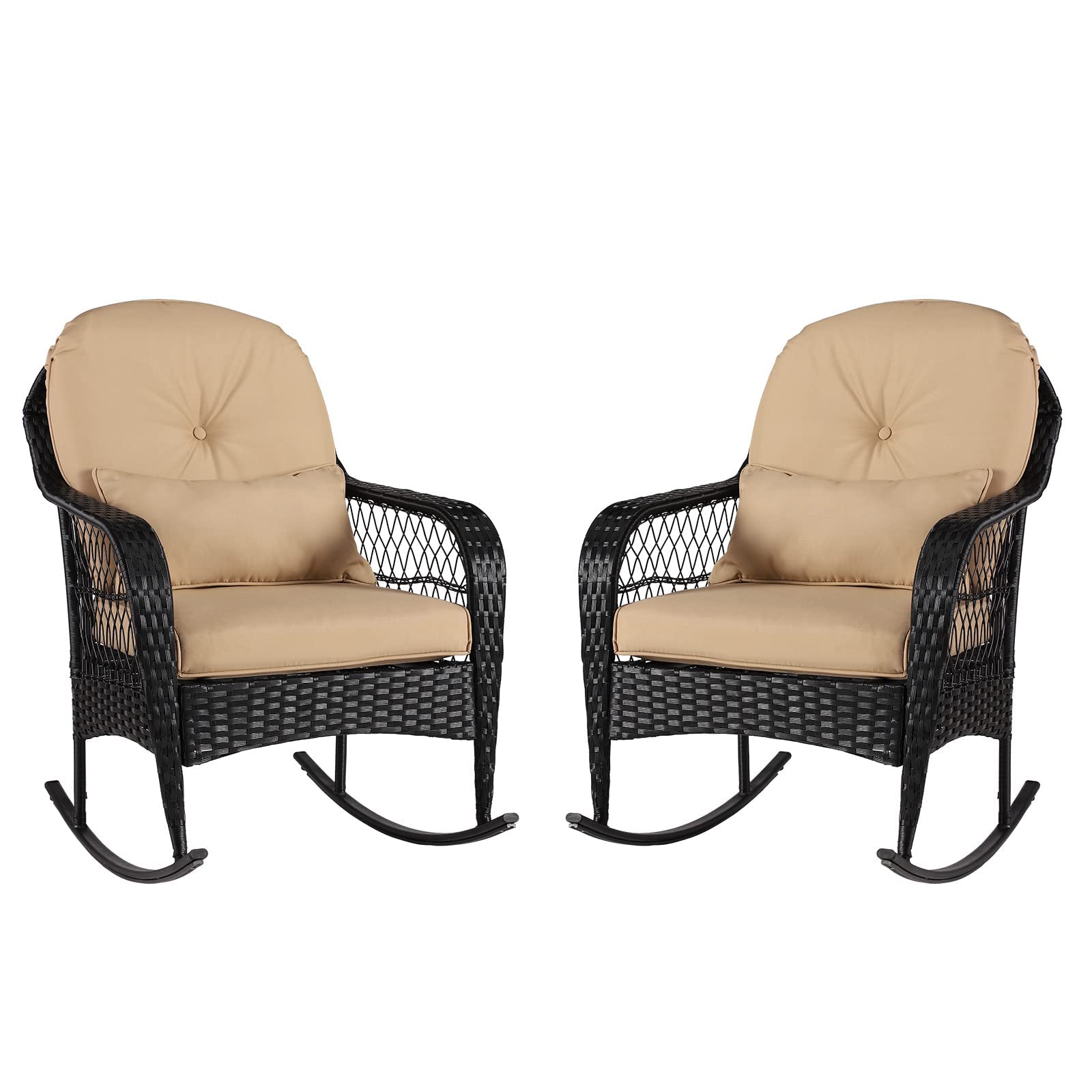 2-Piece Outdoor Wicker Rocking Chair Set with Cushions - All-Weather Black Wicker & Khaki Patio Furniture for Garden, Porch, Balcony & Backyard - Perfect for Relaxing, Sunbathing & Outdoor Entertaining