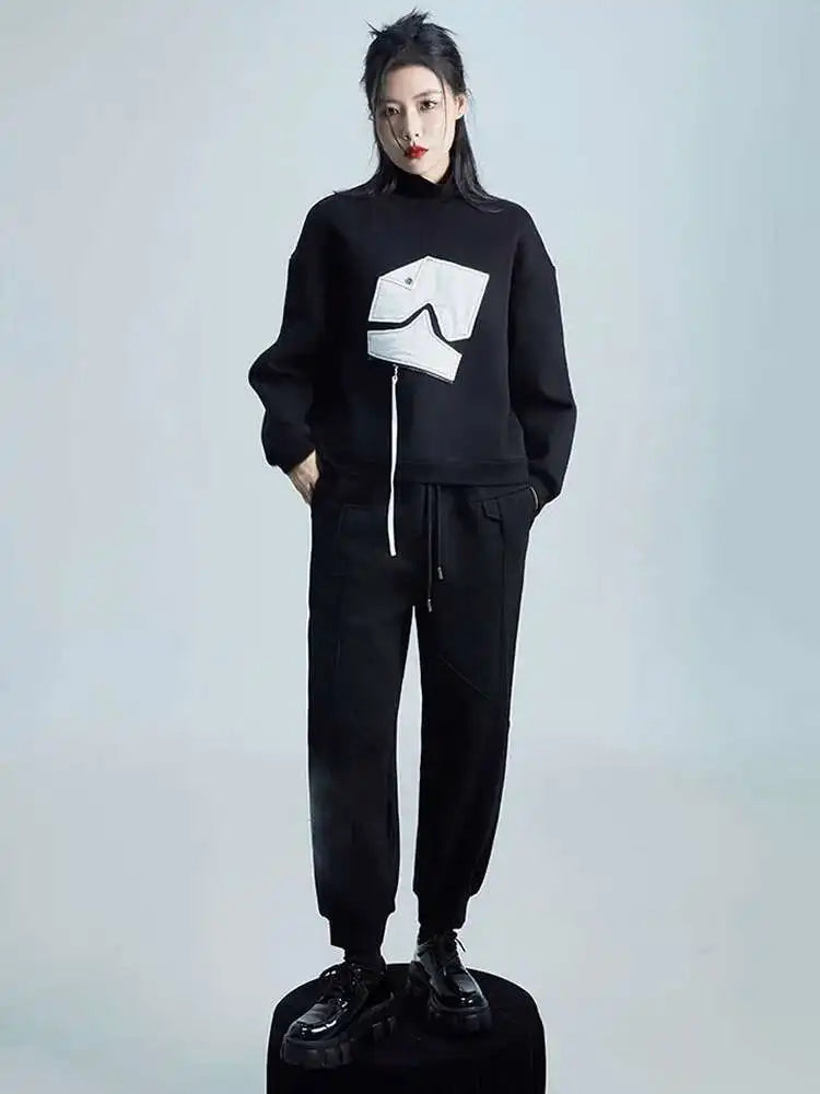 Black Pattern Zipper Thick Sweatshirt for Women | Turtleneck Long Sleeve Pullover | Plus Size Fashion Hoodie | 2025 Spring & Autumn Collection | Perfect for Casual Wear, Layering & Outdoor Activities