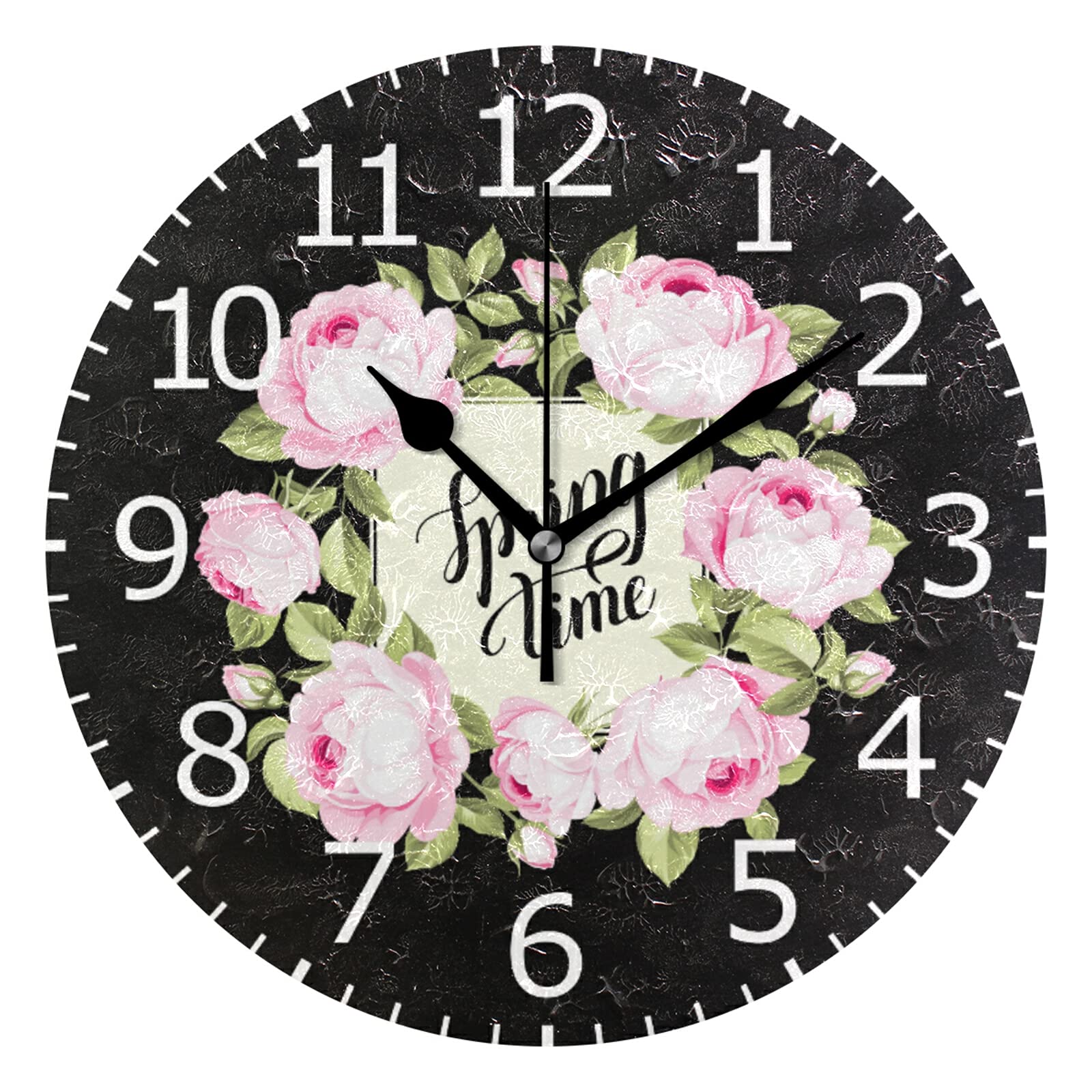 ALAZA Silent Round Wall Clock - No Ticking, Spring Pink Rose on Black, Decorative Clock for Home, School, Kitchen, Bedroom & Living Room | Perfect for Quiet Spaces, Offices & Nurseries