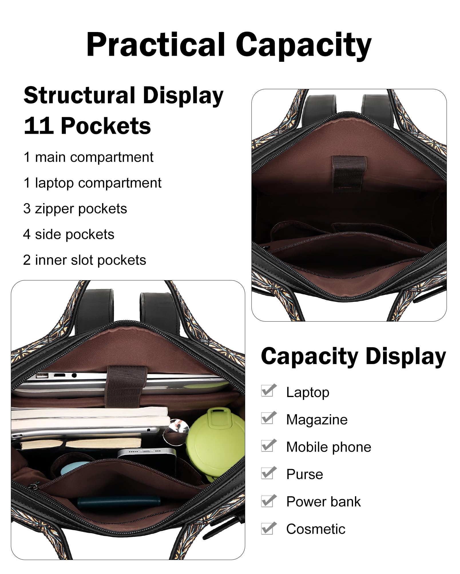 FADEON Women's Leather Laptop Backpack - Stylish Work & Travel Computer Bag with Dedicated Laptop Compartment & Purse Organizer (Black) - Perfect for Business Trips, Commuting & College