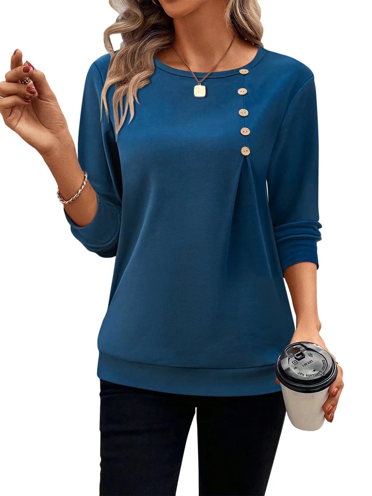 Women's Casual Long Sleeve Crewneck Henley Shirt - Loose Fit Pullover Tunic Top for Fall | Comfortable Everyday Wear, Layering Essential & Office Outfits