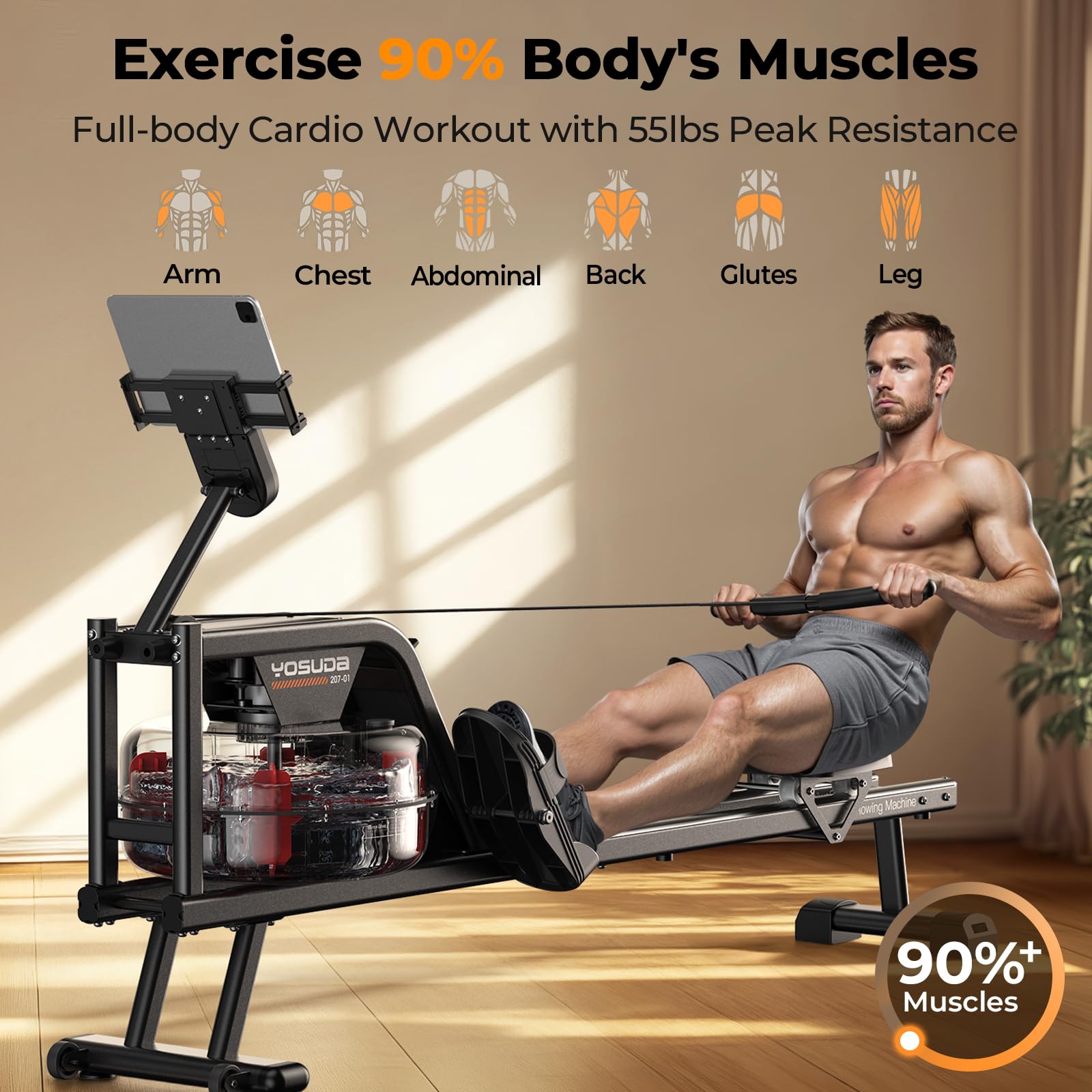 YOSUDA Magnetic/Water Rowing Machine for Home Gym - 350 LB Weight Capacity, Foldable Design with Bluetooth Connectivity, App Compatibility, Tablet Holder & Comfortable Seat Cushion | Perfect for Full-Body Workouts, Cardio Training & Small Space Fitness