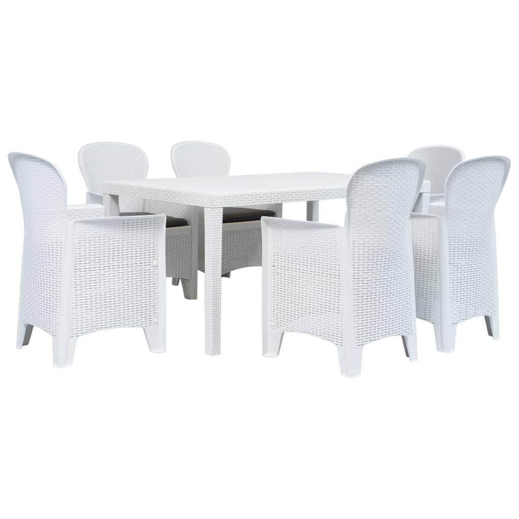 7-Piece Outdoor Dining Set - White Plastic Rattan-Look Patio Furniture for Backyard, Porch, Garden, Poolside & Balcony - Indoor/Outdoor Use - Perfect for Entertaining, BBQs & Relaxing in Your Outdoor Space