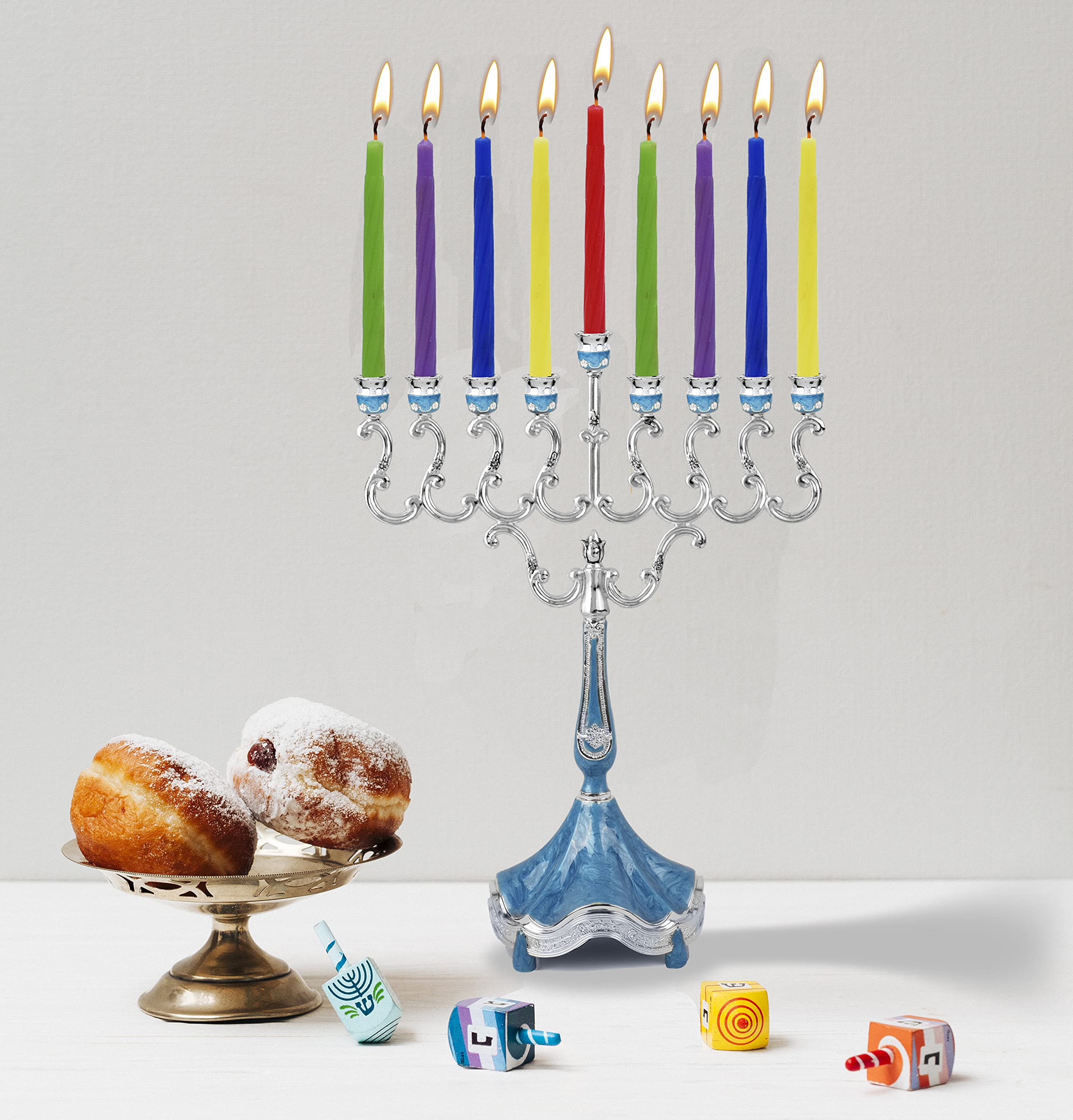 Elegant Silver Plated Hanukkah Menorah with Blue Marble Accents - 8.5 Inch Modern Chanukiah for Standard Candles | Perfect for Jewish Holiday Decor & Home Celebration