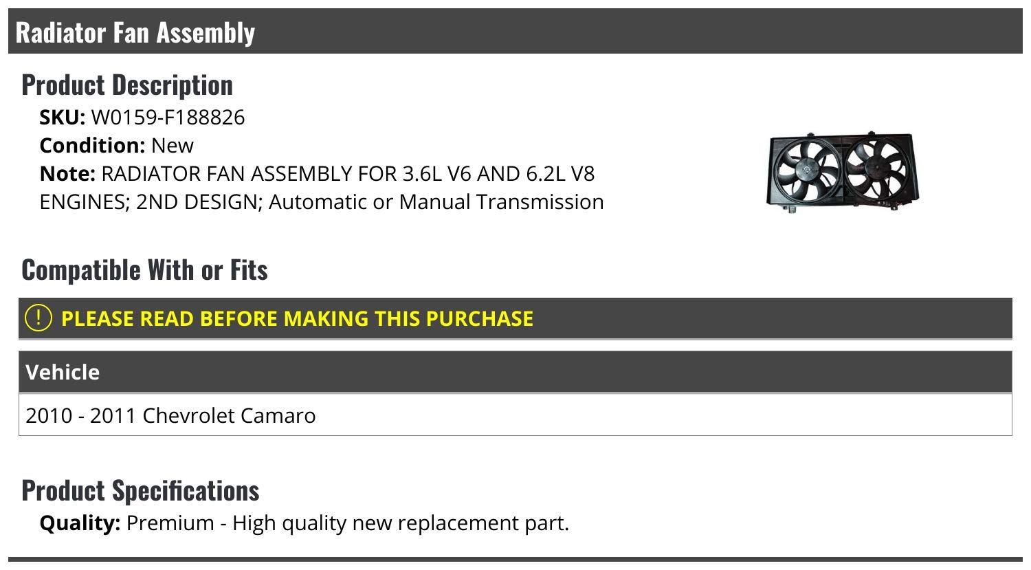 High-Performance Radiator Fan Assembly for 2010-2011 Chevy Camaro - Fits Both Automatic & Manual Transmission - Perfect for Engine Cooling & Overheating Prevention