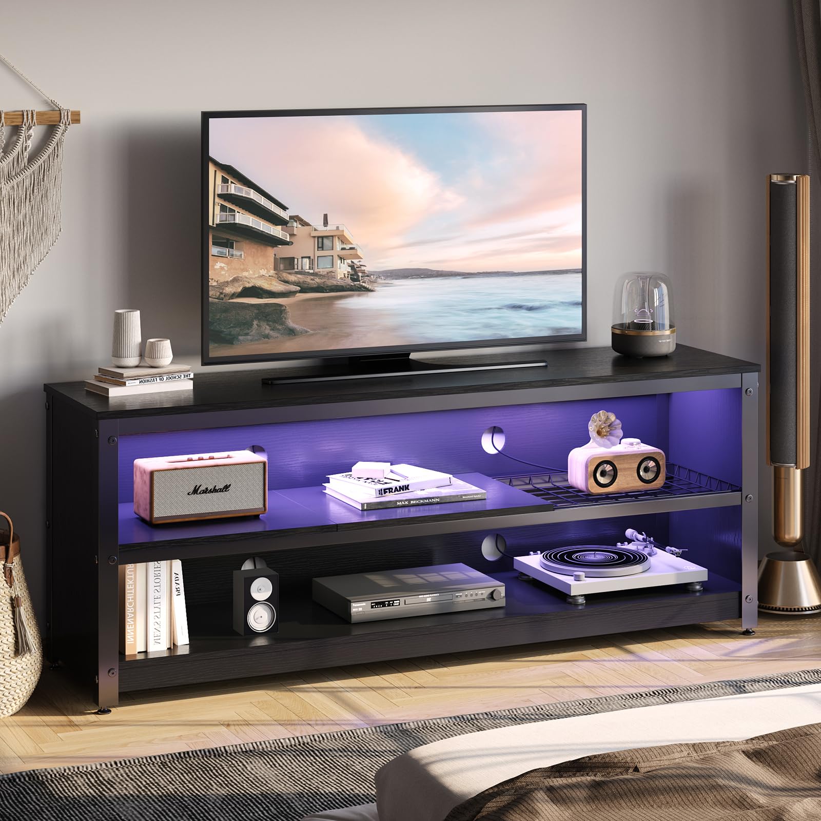 Bestier 60 Inch Gaming TV Stand with LED Lights - Modern Industrial Entertainment Center with Adjustable Shelves & Storage, Black - Perfect for Living Room, Bedroom & Game Room Setup