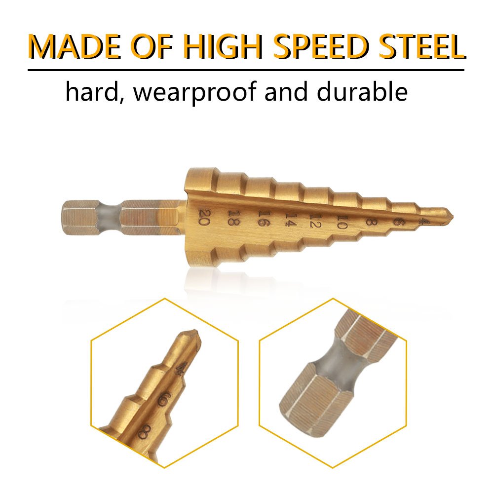 HSS Step Drill Bit Set 4-20mm - Hex Shank Hole Cutter for Steel, Bronze & Aluminum - Perfect for Metalworking, DIY Projects & Home Repairs