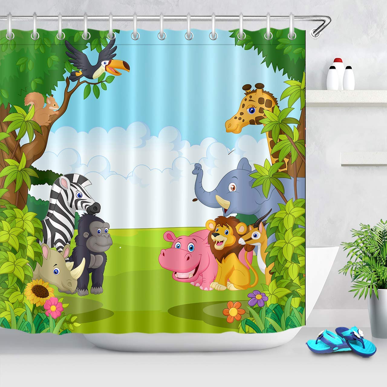 LB Wildlife Safari Shower Curtain - 72x78 Inch Extra Long Waterproof Polyester Bathroom Curtain with Hooks, Jungle Forest Cartoon Animals Design for Kids & Nursery Decor | Perfect for Bathroom, Kids Room, and Safari-Themed Home Decor