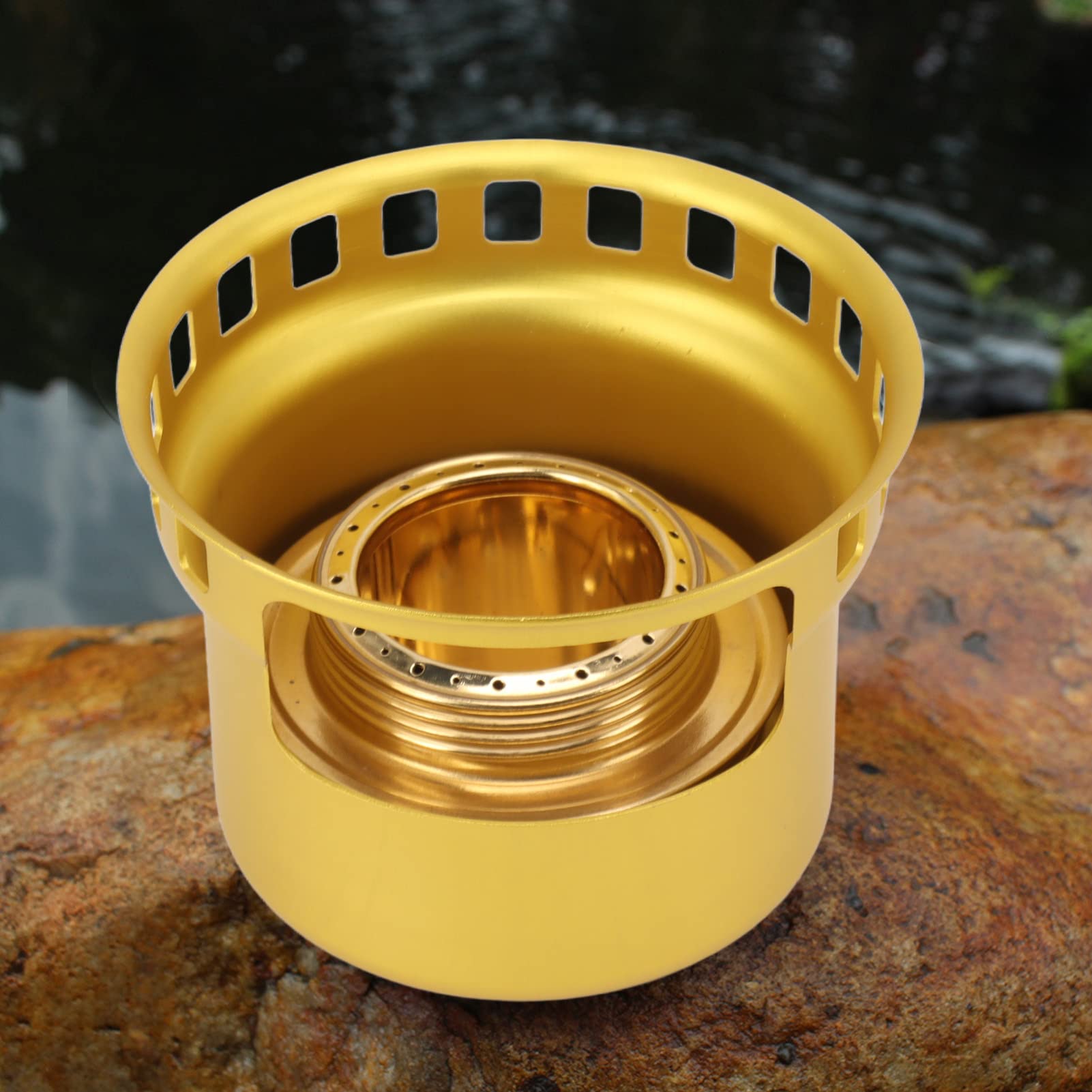 Portable Alcohol Stove for Backpacking & Camping - Windproof Brass Spirit Burner with Aluminum Stand | Lightweight Mini Stove for Hiking, Picnics & Outdoor Adventures (Golden)