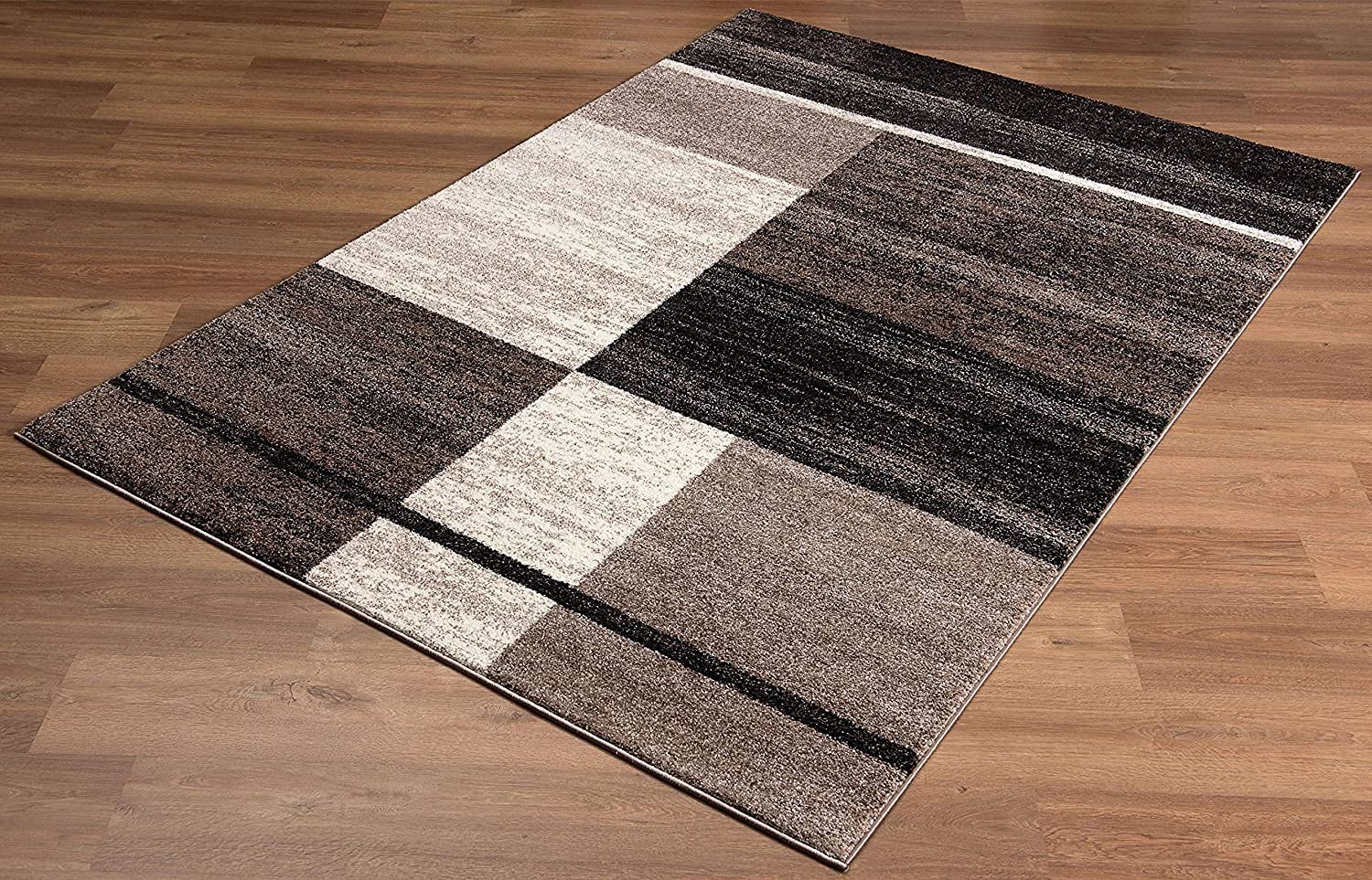 HomeRoots 100% Twisted Polyester 8x11 Inch Brown & Beige Abstract Blocks Area Rug - Soft Modern Floor Covering for Living Room, Bedroom & Office Decor