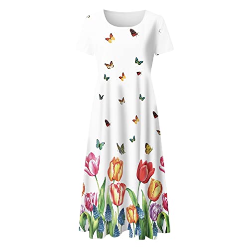 Women's Floral Printed Boho Beach Sundress - Casual Short Sleeve Crew Neck Loose Dress for Spring & Summer | Perfect for Vacations, Beach Outings & Outdoor Events (White, XXXL)