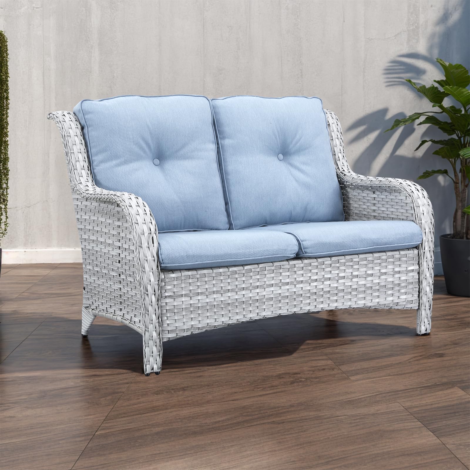 Outdoor Wicker Loveseat Patio Sofa - 2-Seater Rattan Couch with Deep Seating & Comfortable Cushions for Porch, Deck, Balcony (Light Grey/Sky Blue) | Perfect for Backyard Relaxation, Poolside Lounging & Garden Decor