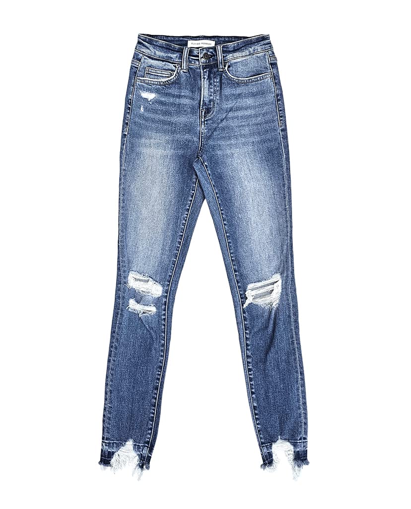 Flying Monkey High-Rise Skinny Jeans for Women - Distressed Blue Denim with Knee Hem | Perfect for Casual Outfits, Date Nights & Street Style Fashion