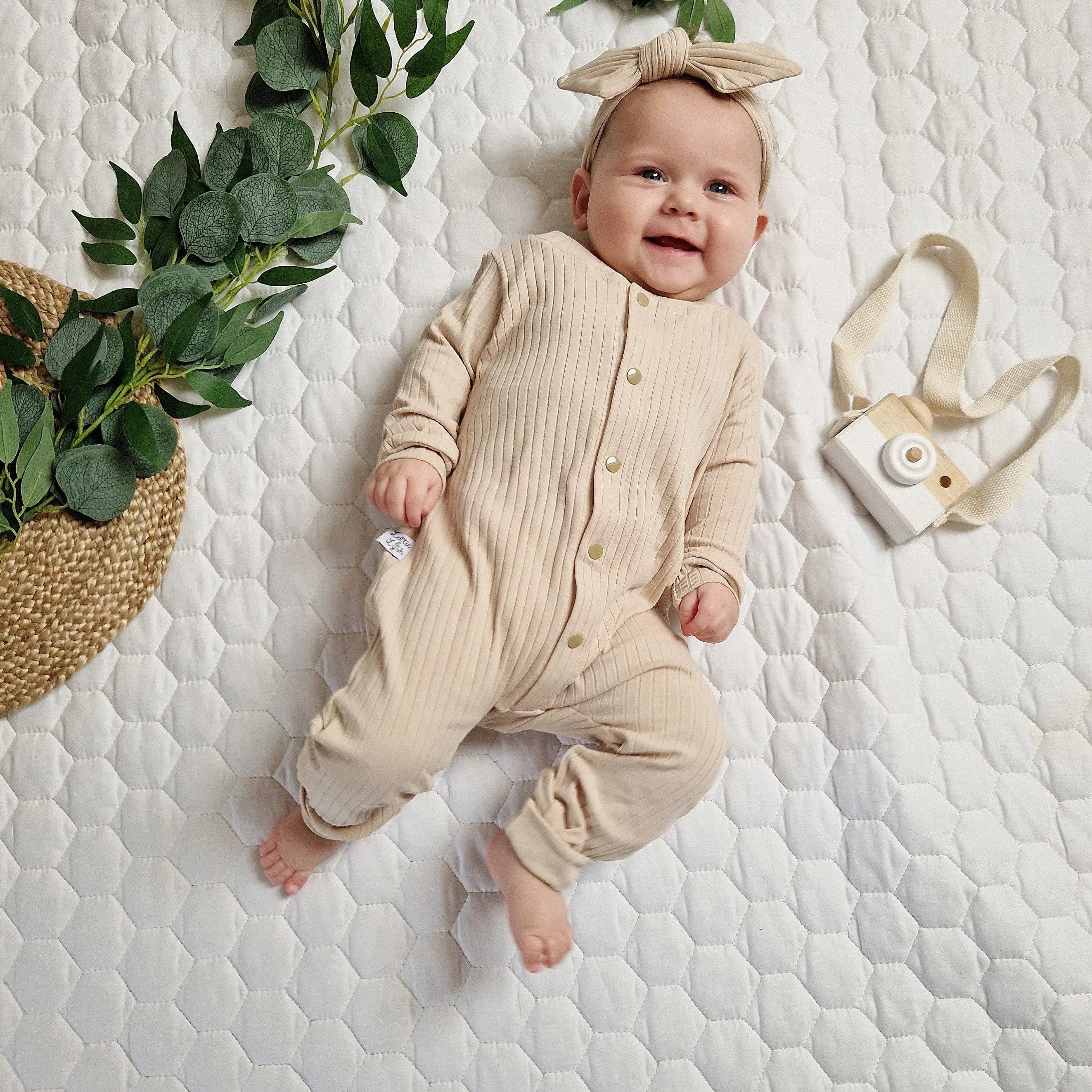Soft Beige Ribbed Baby Romper for Toddlers - Comfortable & Stylish Outfit for Playtime, Daycare & Family Photos