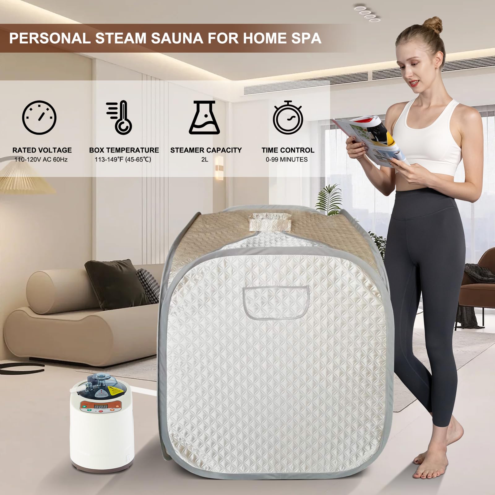 Smartmak Portable Steam Sauna for Home Use - 2L Detox & Weight Loss Personal Sauna with Remote Control | Eco-Friendly, US Plug (Champagne) | Perfect for Relaxation, Spa Days & Post-Workout Recovery