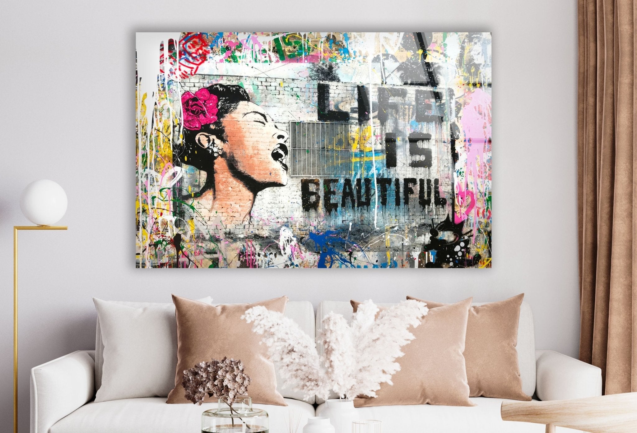 Banksy Life is Beautiful Glass Wall Art - Modern Home Decor for Living Room, Bedroom & Office - Unique Street Art Inspired Glass Print