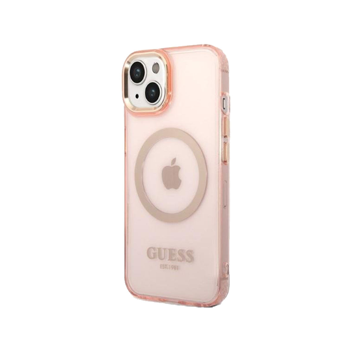 GUESS Ring Edition Shockproof Phone Case for iPhone 14 - Slim Protective Cover with Grip Ring Stand (Pink/Gold) - Perfect for Work, Travel & Everyday Use