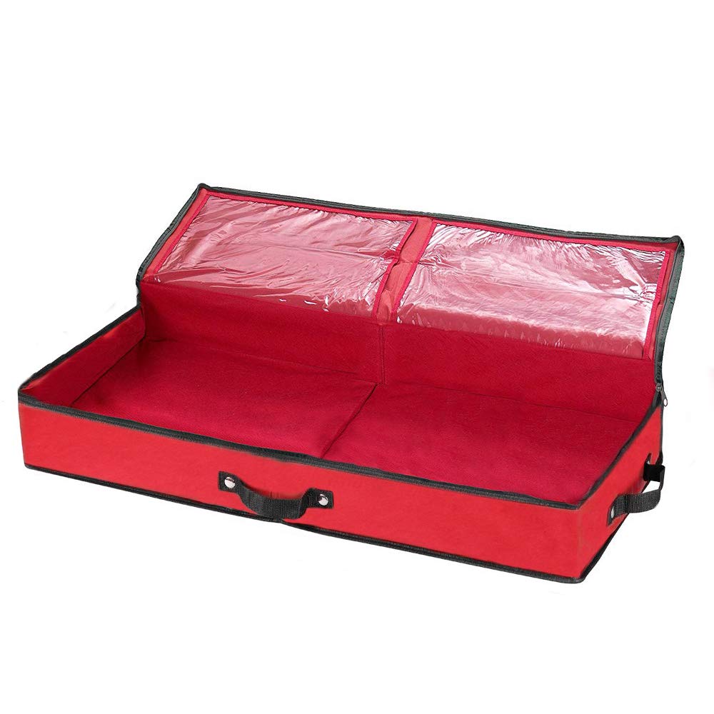 Primode Wrapping Paper Storage Container - Under Bed Gift Wrap Organizer for 30 Inch Rolls | 31”x13.5”x4.5” | 600D Oxford Fabric Storage Box with Pockets for Ribbon, Bows & Accessories (Red) | Perfect for Holiday Gift Wrapping, Birthday Parties & Craft Organization