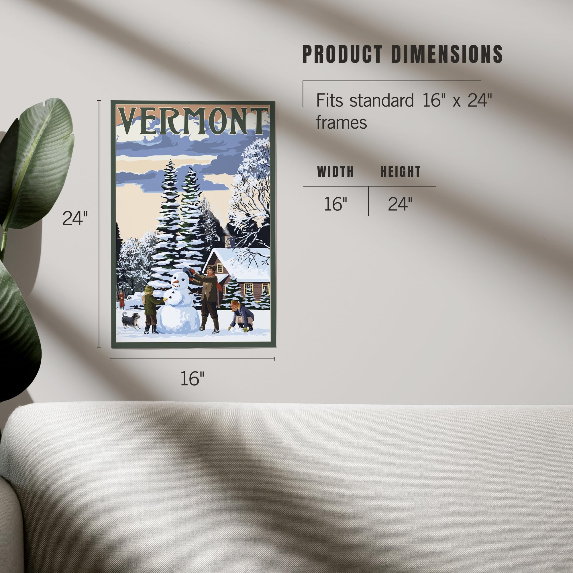 Lantern Press 16x24 Inch Giclee Art Print - Vermont Snowman Winter Scene Wall Decor for Living Room, Bedroom & Office