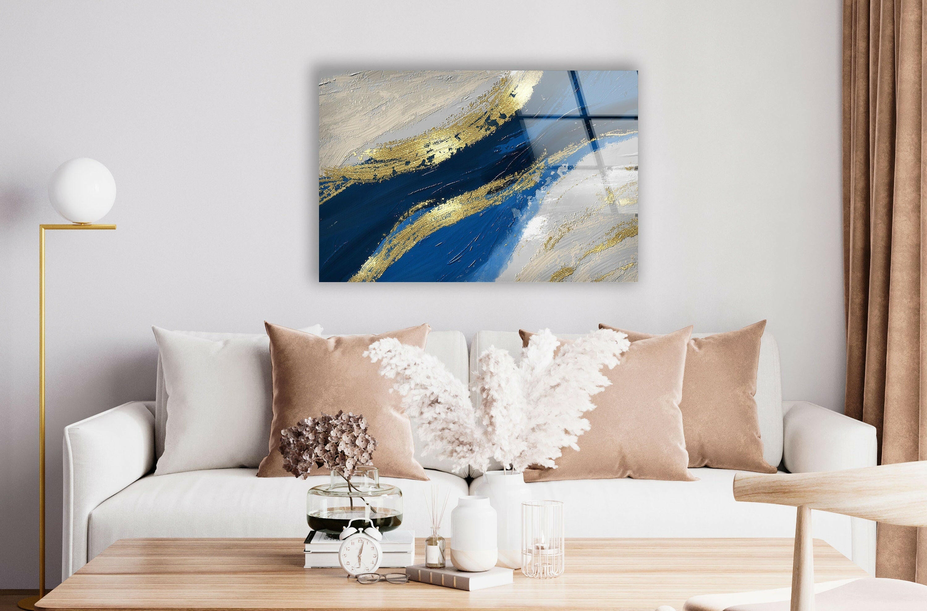 Blue and Gold Modern Art Glass Wall Decor - Elegant Handmade Glass Artwork for Living Room, Bedroom & Office Decor
