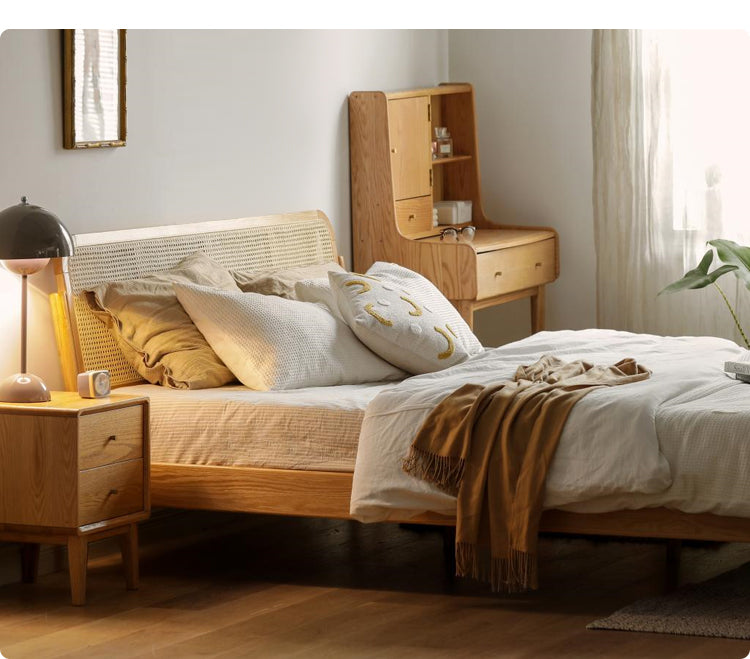 Solid Oak Wood Rattan Bed Frame - Queen Size, Natural Finish - Perfect for Bedroom, Guest Room & Farmhouse Decor