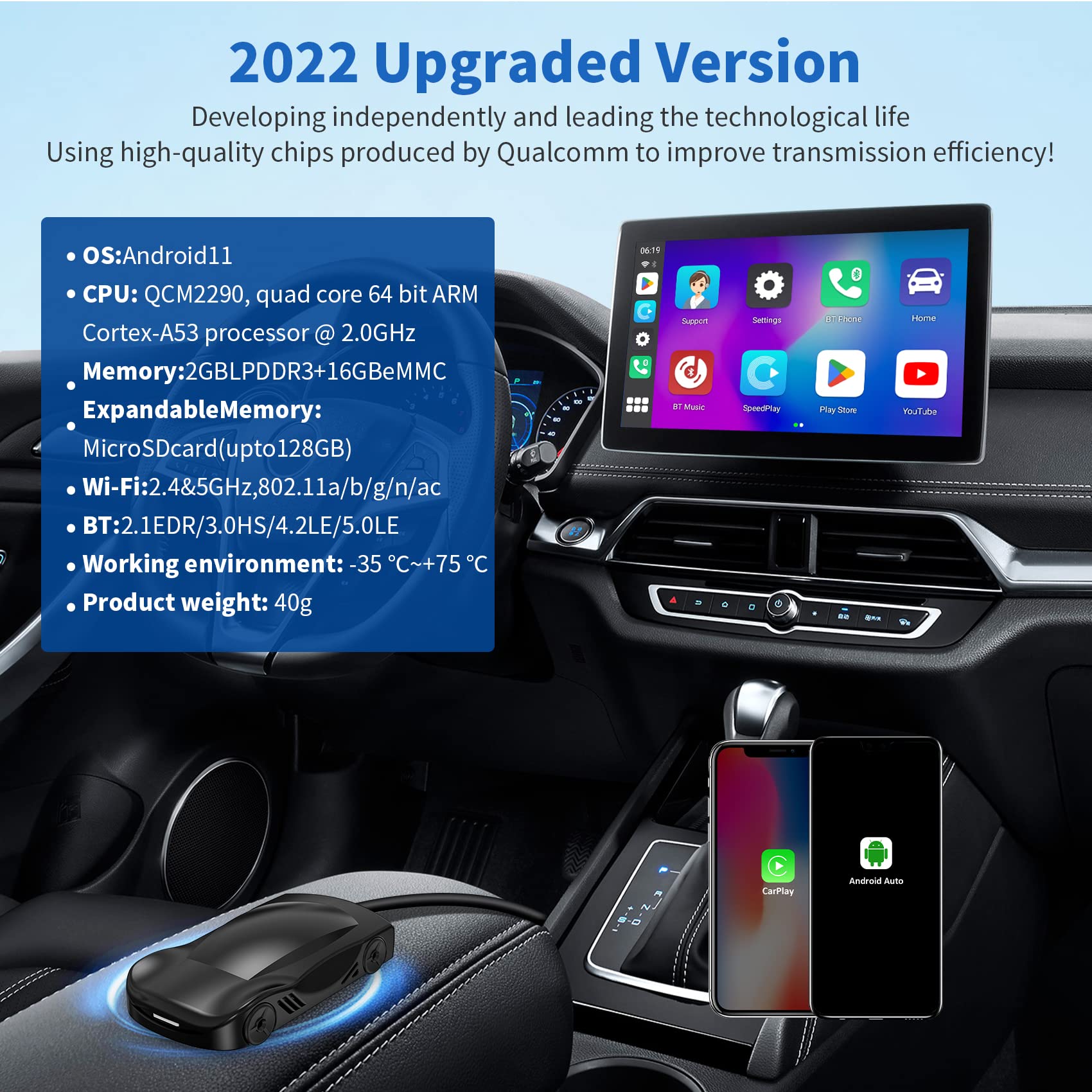 Wireless CarPlay AI Box Adapter for Android 11.0 - QCM2290 Quad-Core 64-bit ARM Cortex-A53 2.0GHz Processor, 2GB RAM + 16GB Storage - Wireless Android Auto & Apple CarPlay - Watch YouTube/Netflix in Car - Perfect for Long Road Trips & Commuting