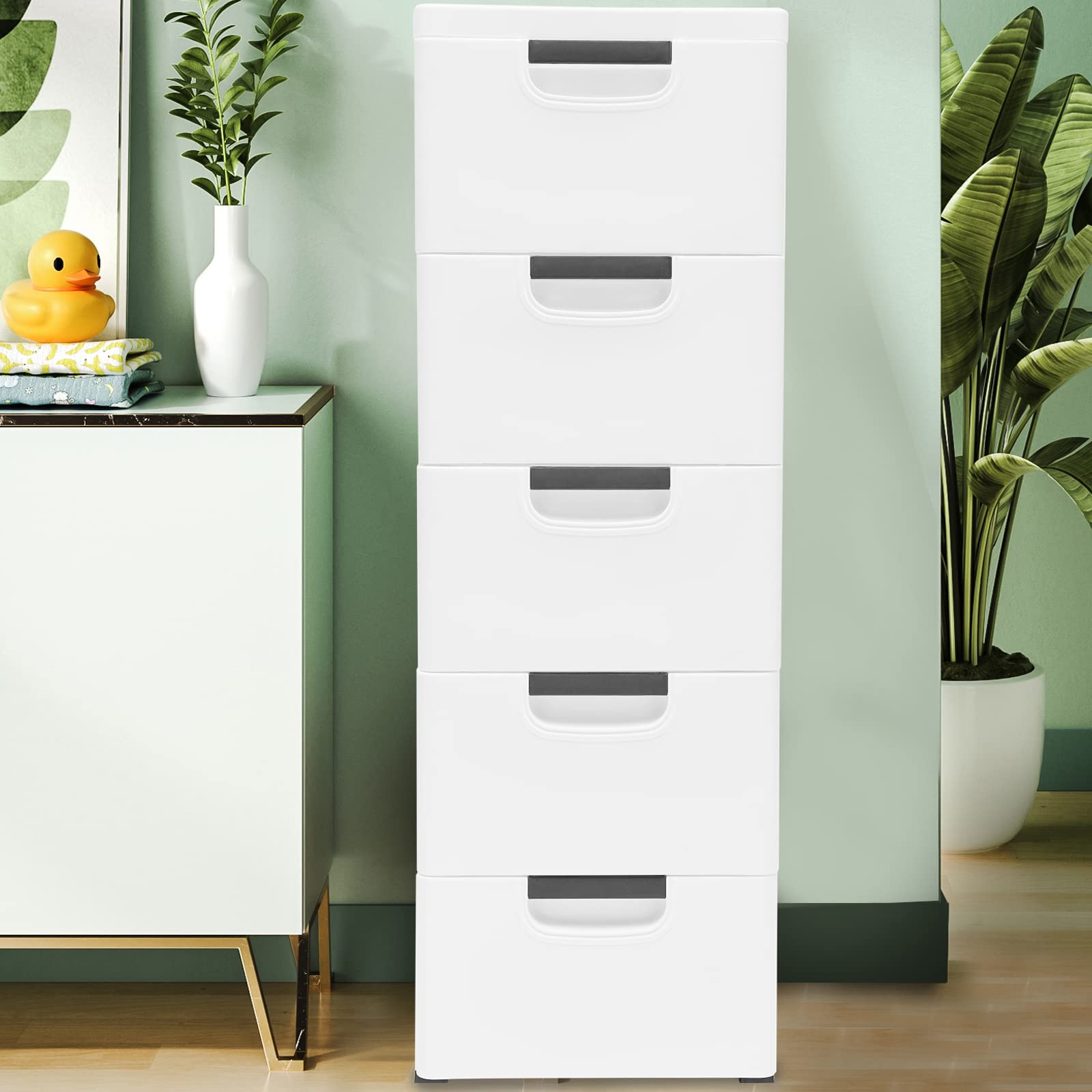 5-Drawer White Plastic Storage Cabinet - Stackable Vertical Dresser Organizer for Clothes, Bedroom, Playroom & Closet | Space-Saving Chest Tower for Home Organization & Small Spaces