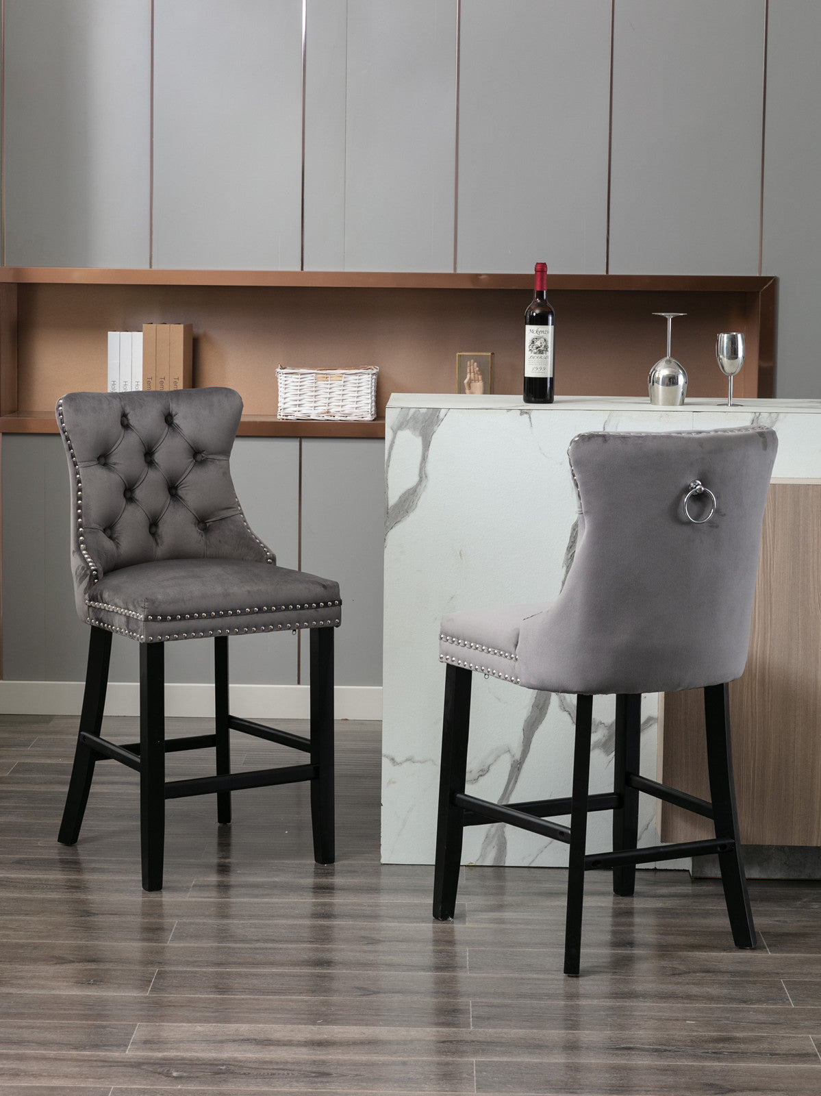 Contemporary Velvet Upholstered Bar Stools with Button Tufted Back & Wooden Legs - Set of 2 Gray Bar Chairs with Chrome Nailhead Trim for Kitchen Island, Breakfast Nook & Home Bar Decor (SW1902GY)