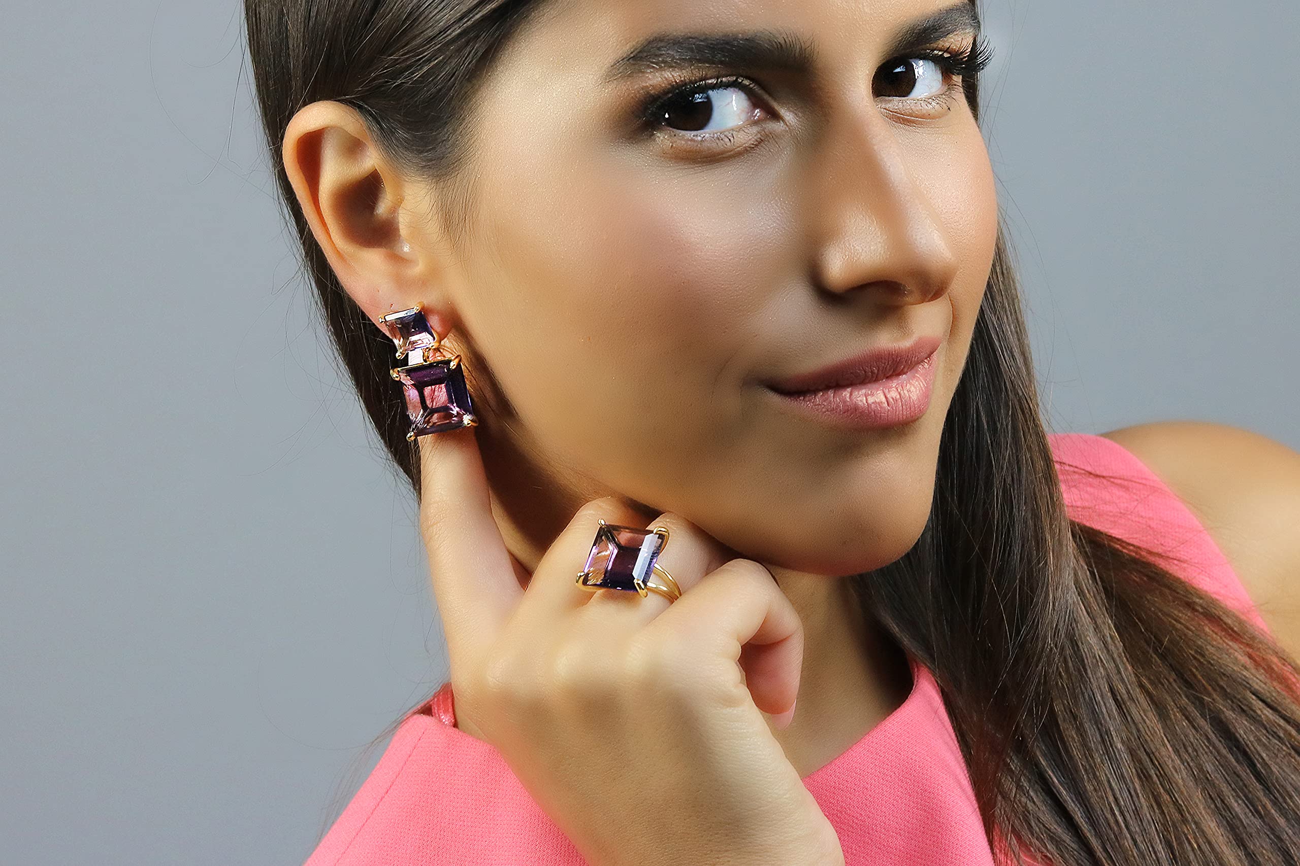 Two-Stone Gold Amethyst Earrings - Elegant Statement Gemstone Stud Earrings for Women | Perfect for Weddings, Birthdays & Special Occasions | Handmade Bridal Jewelry & Birthstone Gift for Her