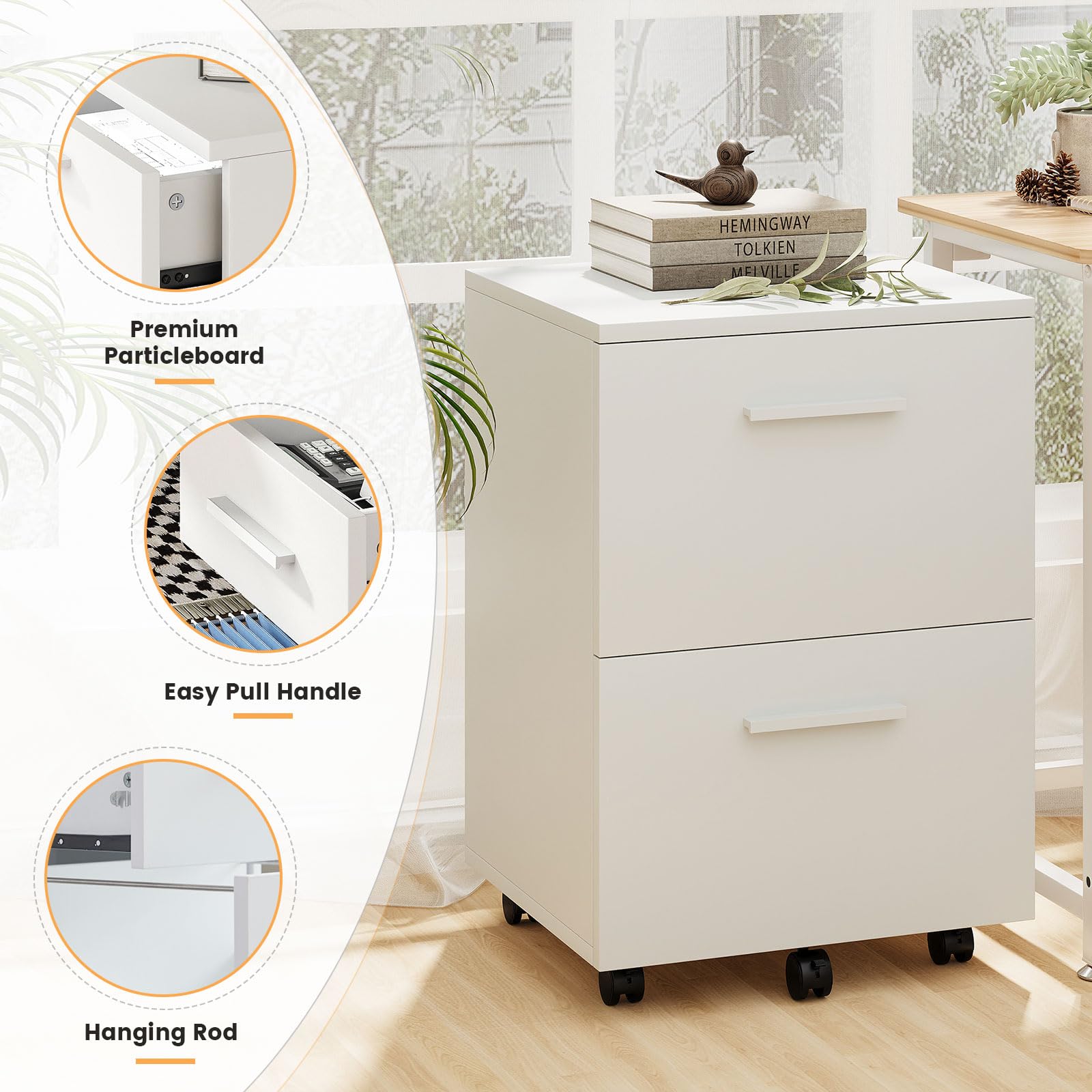 VICLLAX 2-Drawer Rolling File Cabinet with Wheels - White Wooden Mobile Storage Organizer for Home Office, Under Desk Filing Cabinet - Perfect for Document Storage & Workspace Organization
