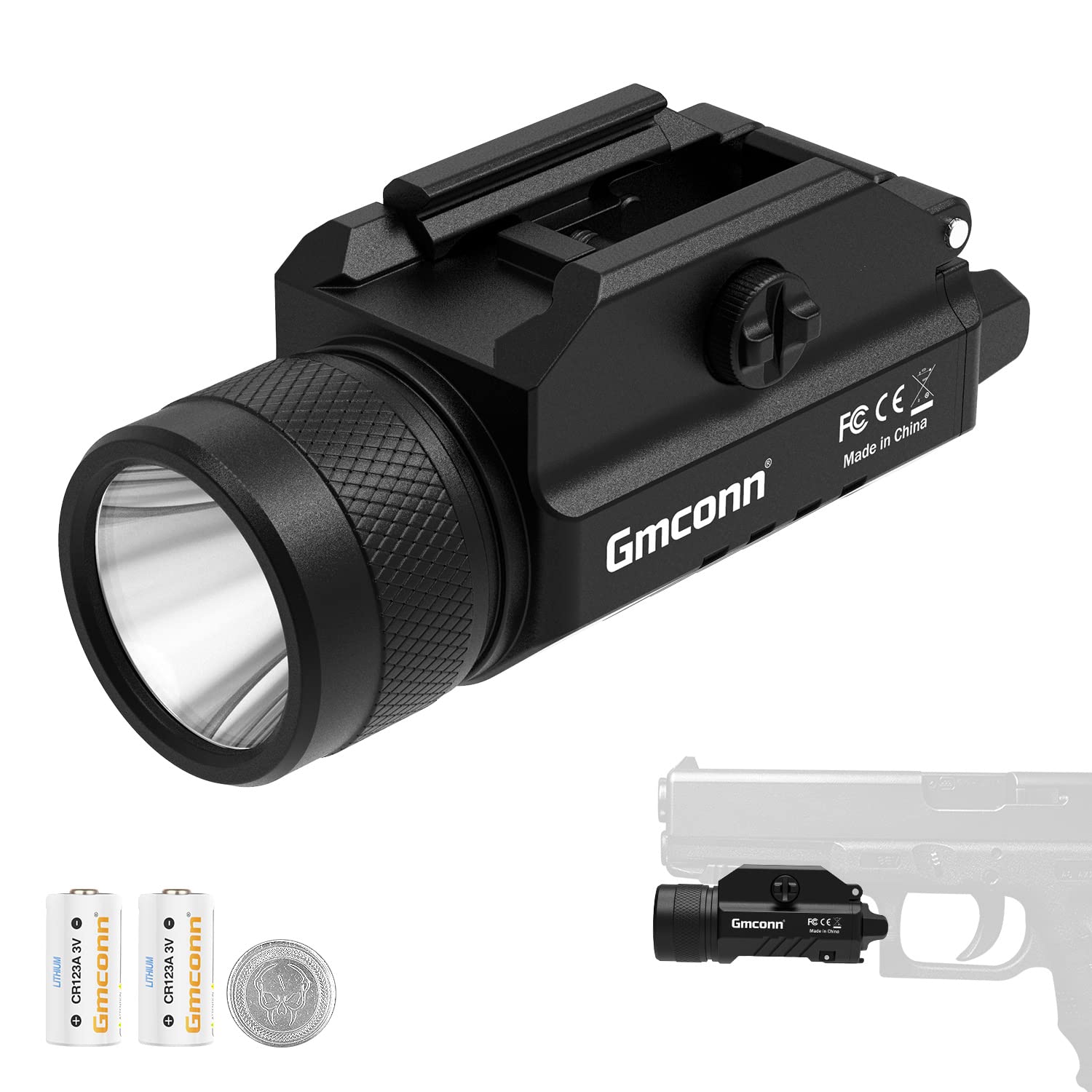 Gmconn 1200 Lumens Tactical Rail Mounted Pistol Light - Compact LED Strobe Flashlight for Handguns with 2 CR123A Batteries - Perfect for Home Defense, Hunting & Law Enforcement Use