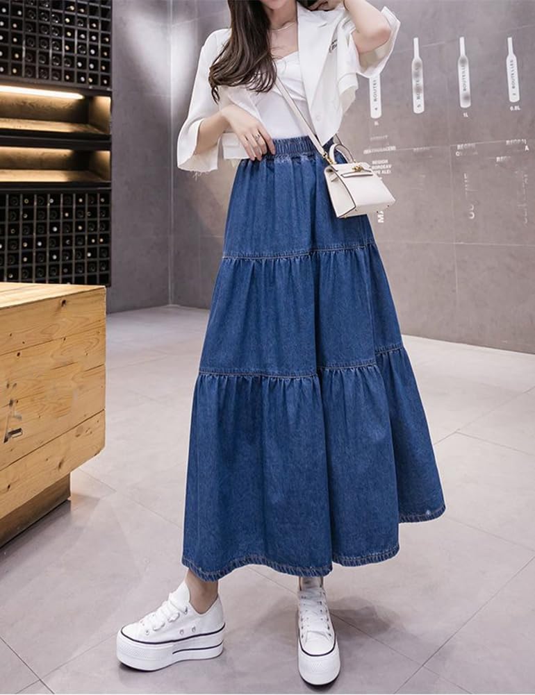 Women's A-Line Flare Denim Jean Skirt with Ruffle Hem & Elastic Waist - Casual Long Skirt for Women, Perfect for Spring, Summer, and Fall Outfits