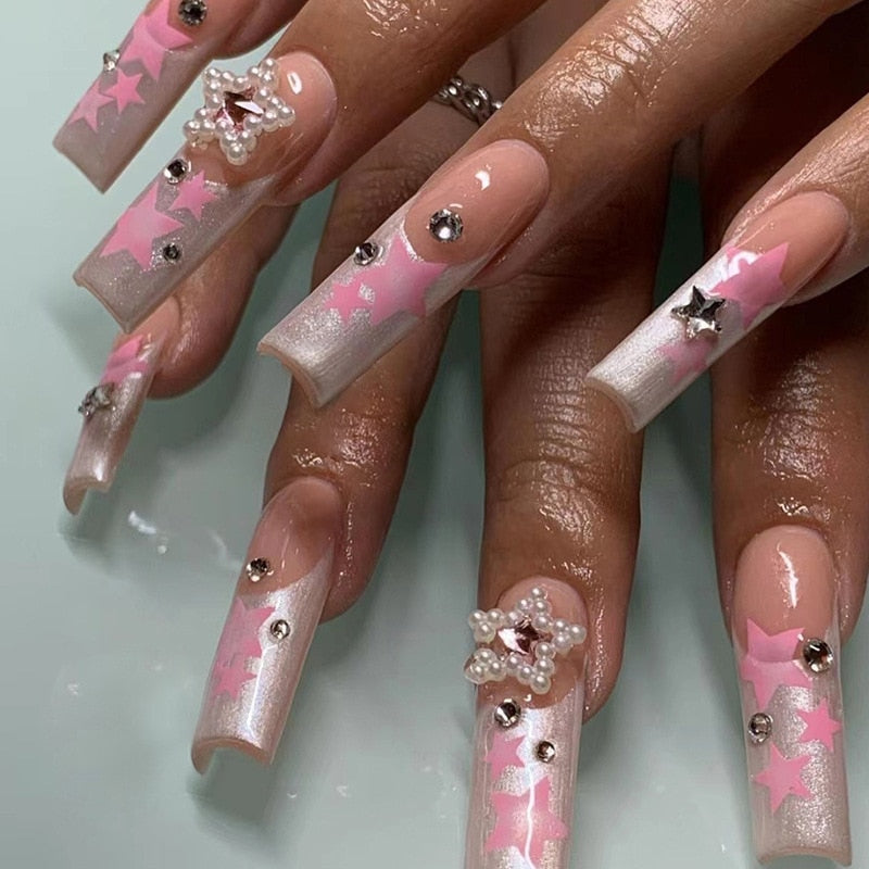 24Pcs Ballet Full Cover Fake Nails - Flower & Butterfly Design with Rhinestones | Press on False Nails for Manicure | Perfect for Weddings, Parties & Special Occasions