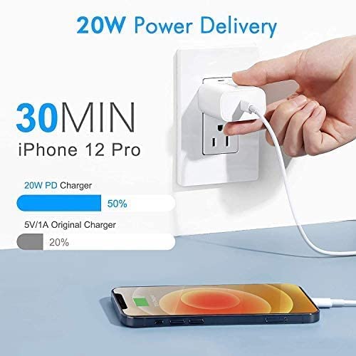 20W USB-C Fast Charger with Lightning Cable - PD Compatible for iPhone 12/11/XS/XR/X/8/Plus, iPad Pro/Air/Mini - White | Fast Charging for Home, Office & Travel