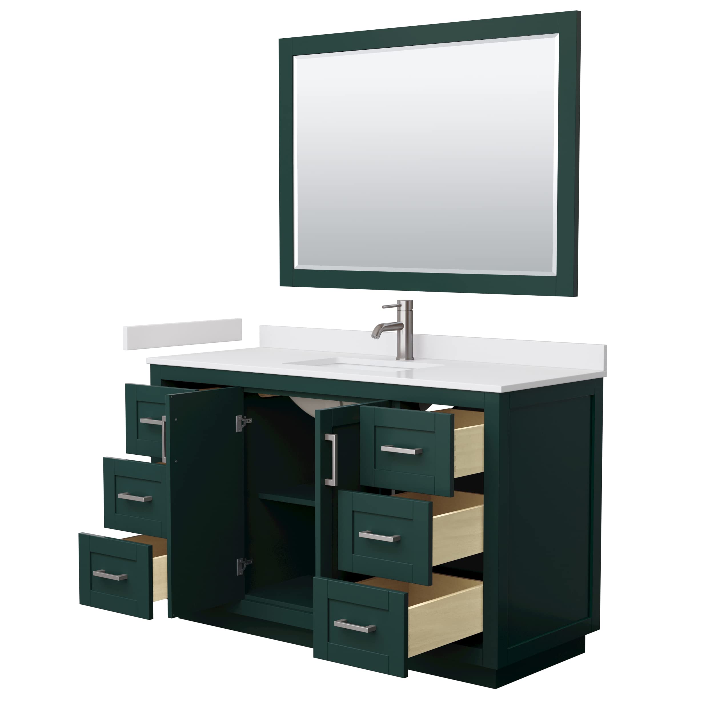 Wyndham Collection Miranda 54 Inch Single Bathroom Vanity in Green with White Cultured Marble Countertop, Undermount Square Sink & Brushed Nickel Trim - Includes 46 Inch Mirror for Modern Bathroom Decor | Perfect for Master Bath, Guest Bath or Powder Room Renovation