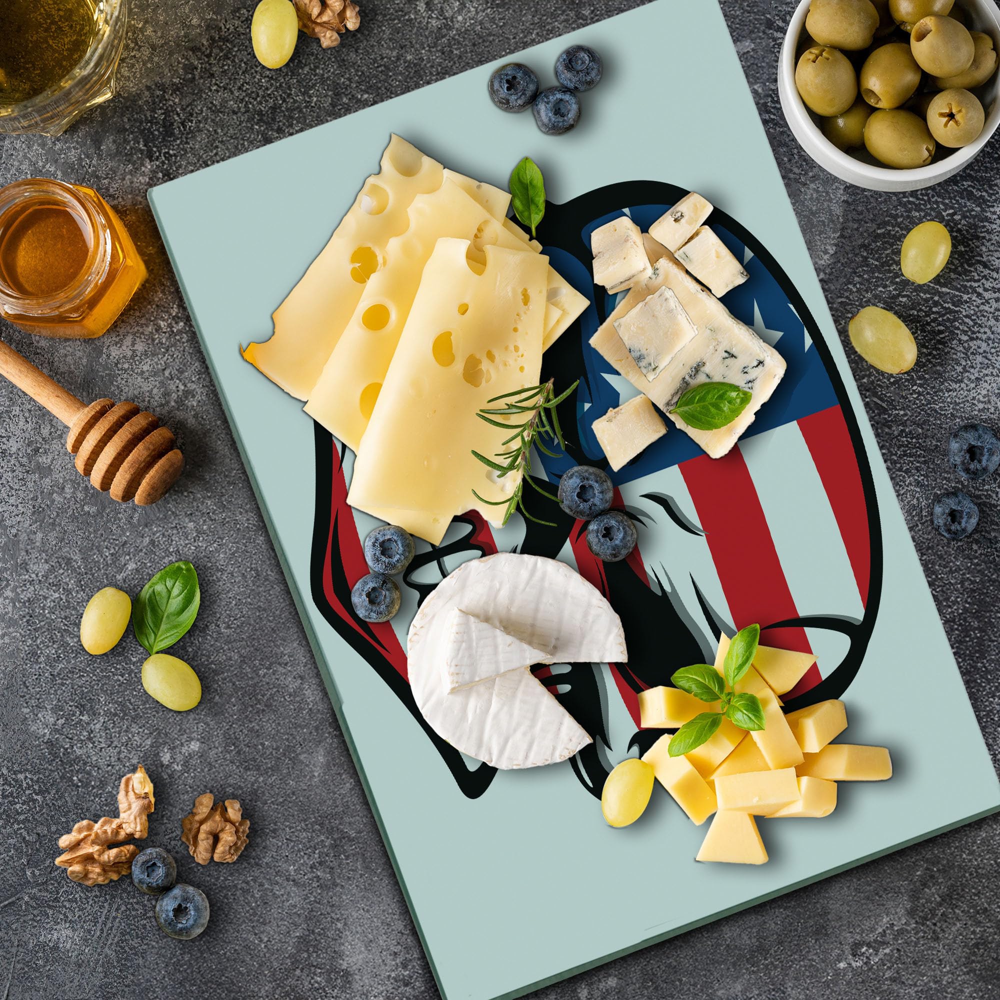 Ambesonne Skull Cutting Board - Horror Art Print Tempered Glass Serving Board - Large Size Blue White Red - Perfect for Halloween Parties & Gothic Kitchen Decor