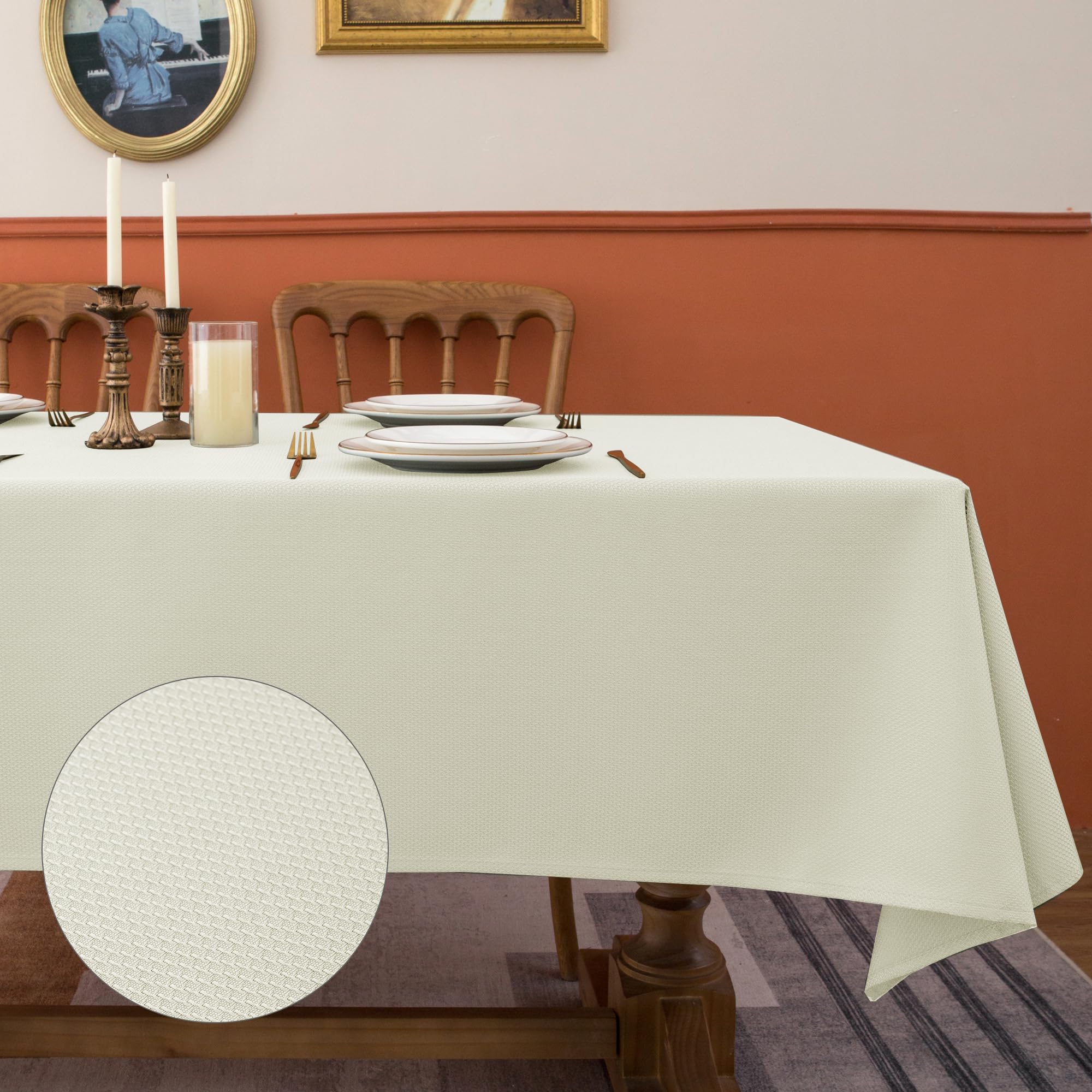 Premium Beige Jacquard Tablecloth Set of 2 - 60x84 Inch Waterproof Wrinkle-Resistant Rectangle Table Cover for Dining, Parties & Events | Elegant Textured Fabric for Weddings, Banquets & Holiday Decor