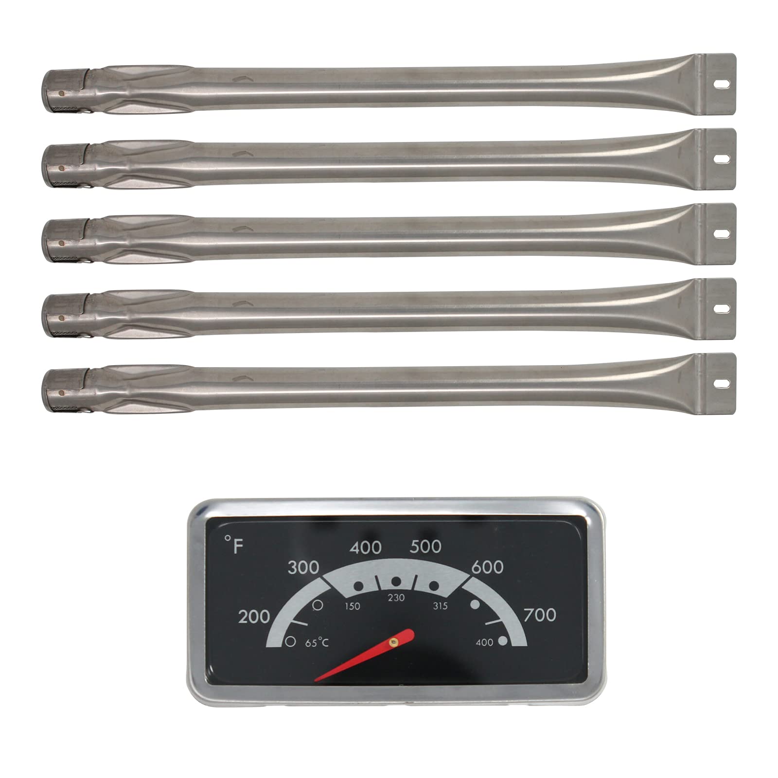 5-Pack Stainless Steel BBQ Gas Grill Tube Burners & 1 Meat Thermometer - Replacement Parts for Kenmore 148.23683310 Grill - Compatible with Barbeque Burner Pipes & Temperature Gauge - Perfect for Backyard Grilling, Camping & Outdoor Cooking