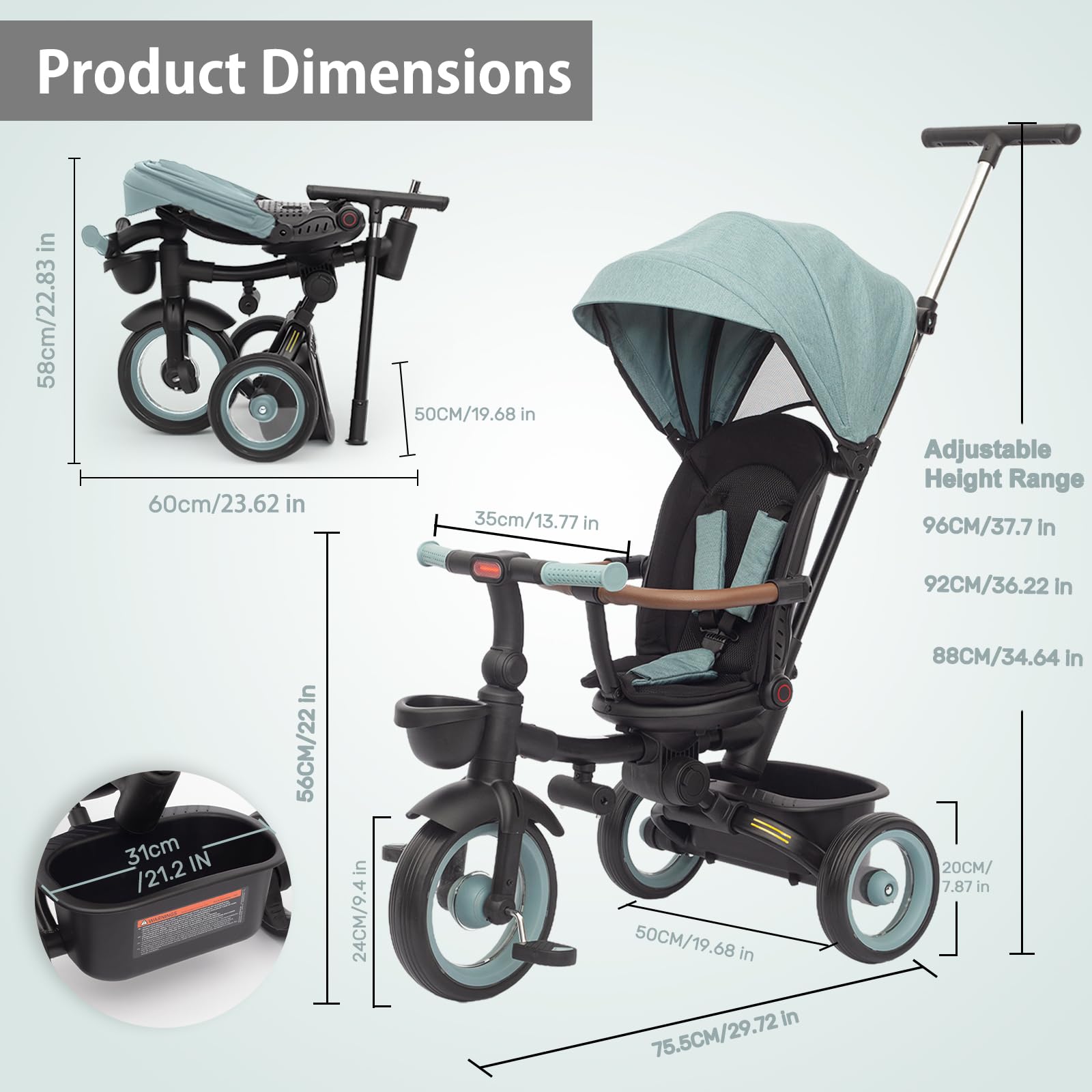 7-in-1 Baby Tricycle with Adjustable Canopy & Safety Harness - Convertible Push Bike, Toddler Stroller with Detachable Guardrail - Foldable Pedals, Brake & Storage Basket - Learning Bike for Boys & Girls (Green) - Perfect for Outdoor Play, Park Rides & Early Childhood Development
