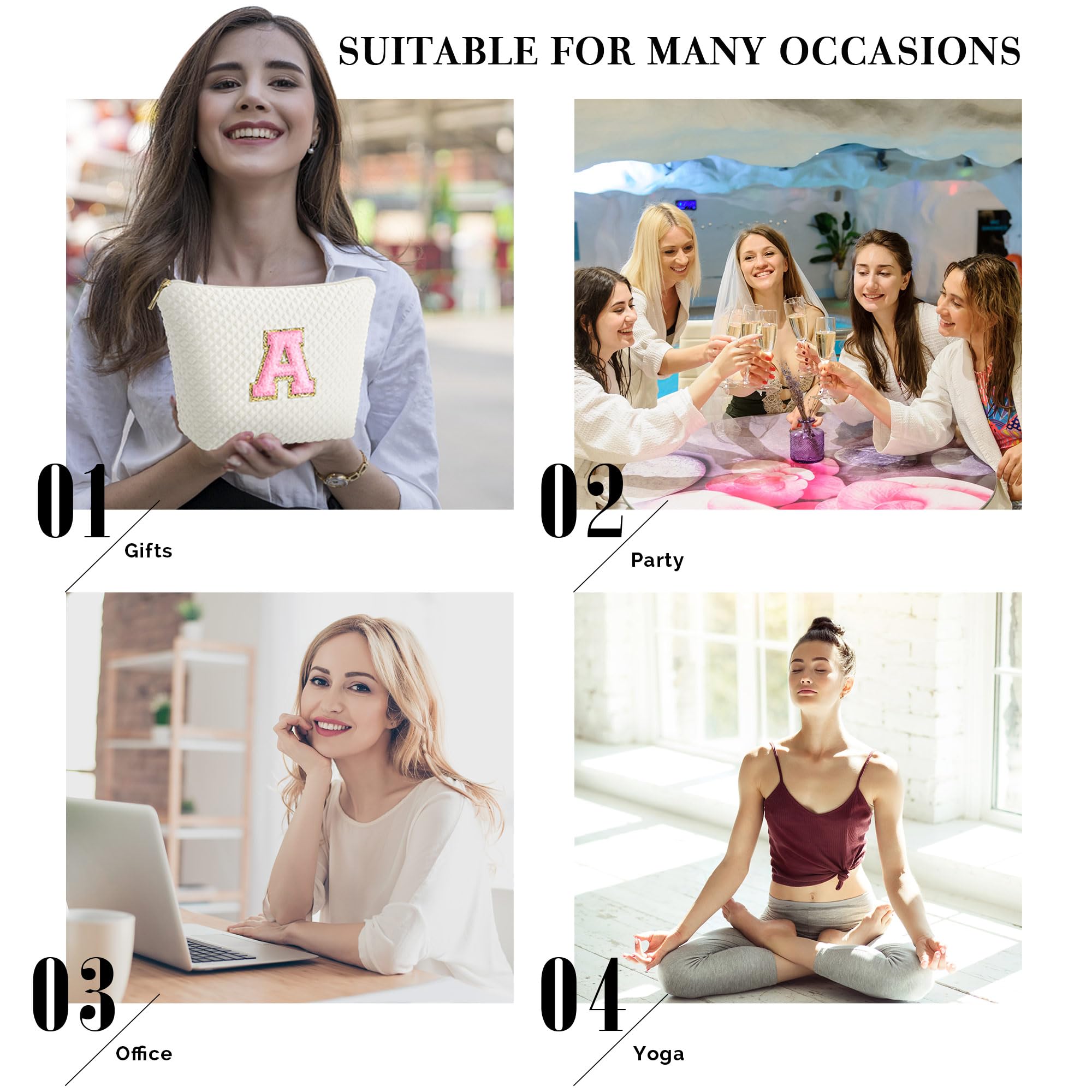 YOOLIFE Personalized Monogram Initial Makeup Bag for Women - Cute Cosmetic Travel Toiletry Pouch, White Makeup Organizer for Daily Use, Gifts & Travel Essentials