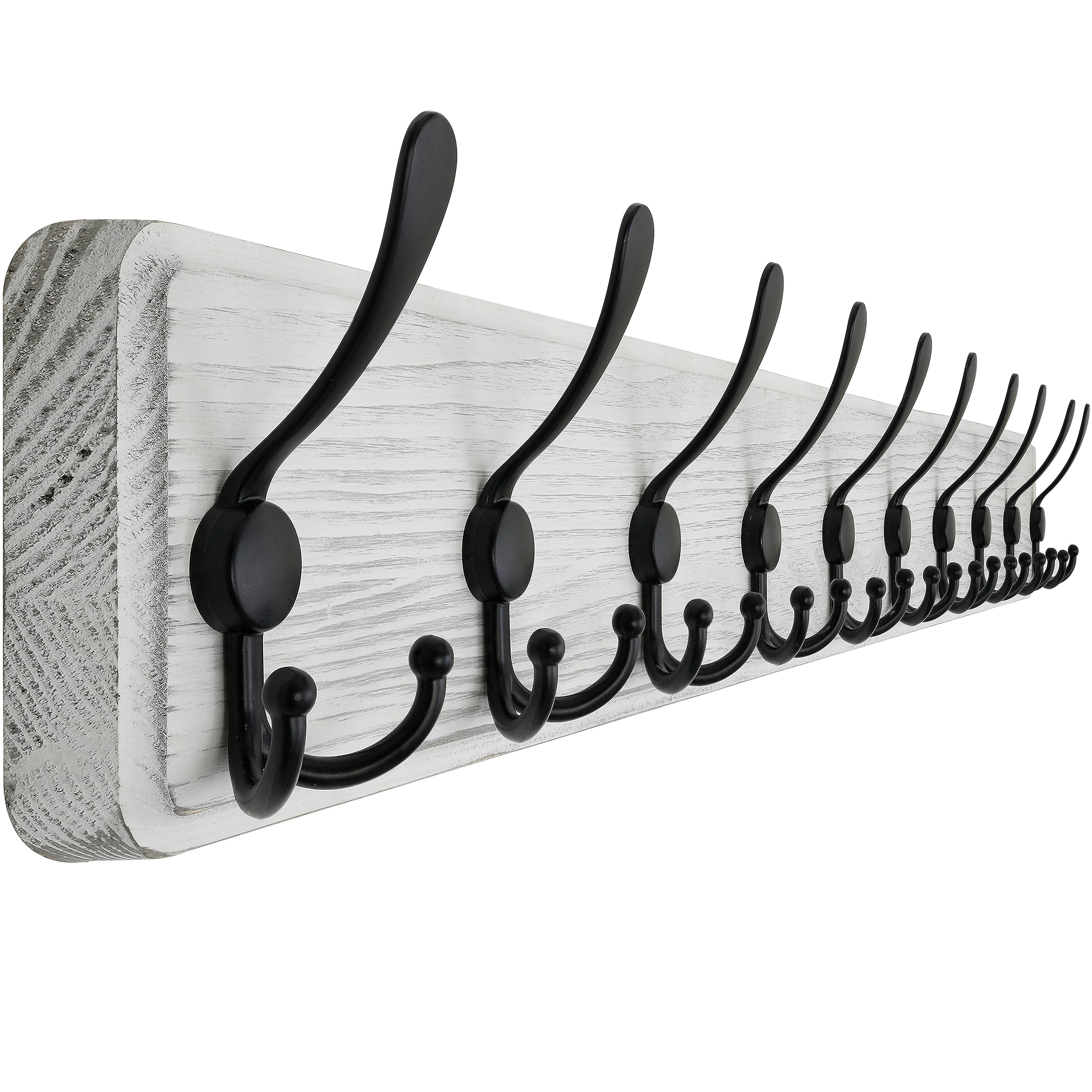 SKOLOO 38.3'' Wall Mounted Coat Rack - Heavy Duty Rustic Wooden Coat Hooks with 10 Triple Hooks for Jackets, Hats & Clothes Storage (Weathered White) - Perfect for Entryway, Mudroom & Bedroom Organization