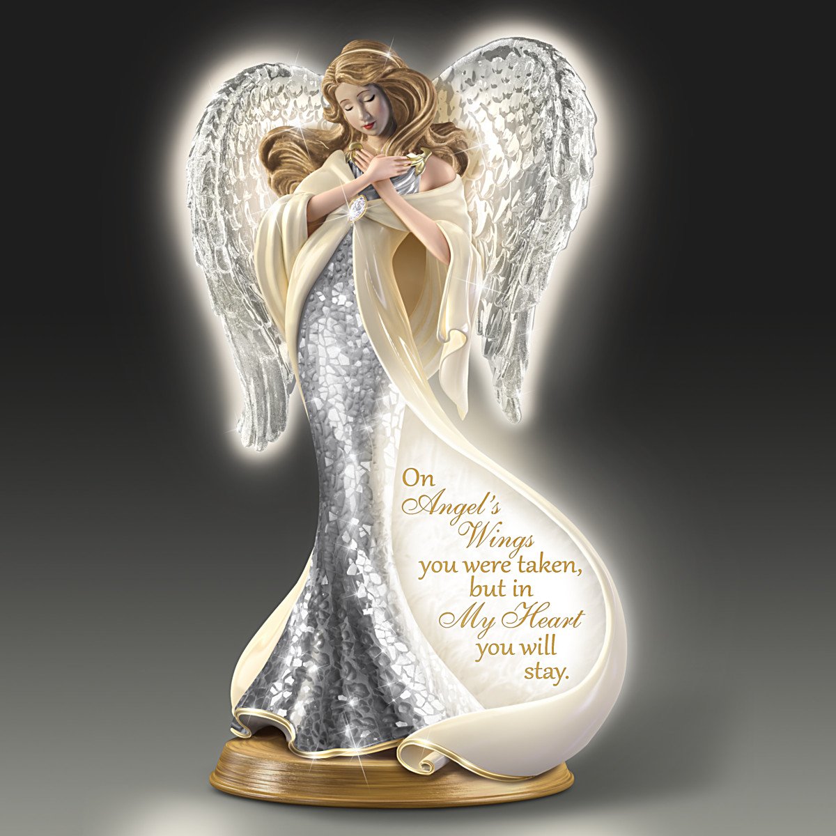 22K Gold Illuminated Bereavement Heirloom Porcelain Mosaic Angel Sculpture - Memorial Gift, Home Decor & Sympathy Present for Loss of Loved Ones