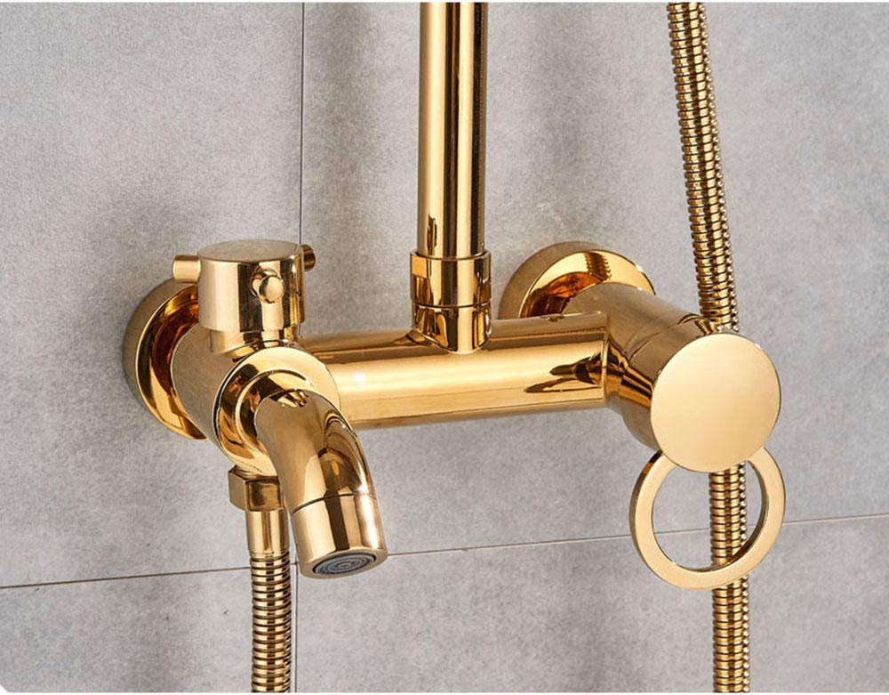 8 Inch Golden Brass Rainfall Bathtub Faucet - Wall Mounted Shower Mixer Tap with Sliding Bar for Luxurious Bathroom Upgrade | Perfect for Modern Bathrooms & Spa-Like Showers